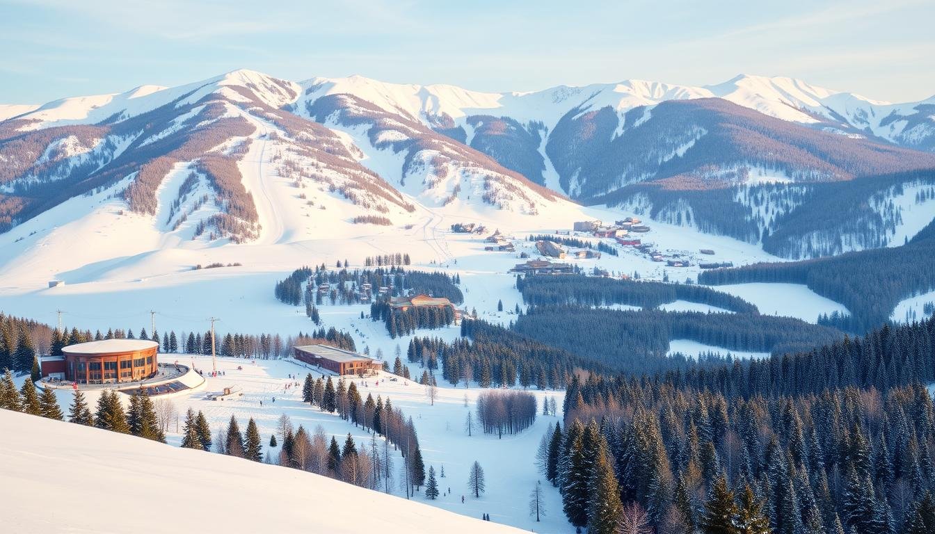 A sprawling winter wonderland set against the majestic snow-capped peaks of the Taebaek Mountains. A grand, modern ski resort nestled in the heart of Gangwon-do province, with state-of-the-art slopes and facilities catering to skiers and snowboarders of all levels. Pristine, powdery white blankets the ground, reflecting the warm glow of the sun and casting a serene, magical atmosphere. Sleek, contemporary architecture blends seamlessly with the breathtaking natural landscape, creating a luxurious, inviting ambiance. Elegant, well-groomed trails wind through dense, evergreen forests, offering picturesque vistas at every turn. Lively, vibrant aprés-ski experiences complete the quintessential winter vacation experience.