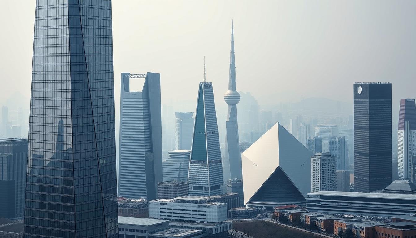 A striking collection of modern South Korean architectural masterpieces, captured in a dramatic, high-contrast image. The foreground features a sleek, angular glass skyscraper, its facade reflecting the surrounding city skyline. In the middle ground, a series of geometric, minimalist structures stand in bold relief, their clean lines and sharp edges creating a captivating interplay of light and shadow. The background is filled with a hazy, atmospheric cityscape, blending modern towers with traditional Korean elements. The overall scene is bathed in a cool, moody lighting, lending an air of sophistication and tranquility. Captured with a wide-angle lens to showcase the scale and grandeur of these architectural wonders, this image beautifully encapsulates the unique and inspiring modern design of South Korean cities. A striking collection of modern South Korean architectural masterpieces, captured in a dramatic, high-contrast image. The foreground features a sleek, angular glass skyscraper, its facade reflecting the surrounding city skyline. In the middle ground, a series of geometric, minimalist structures stand in bold relief, their clean lines and sharp edges creating a captivating interplay of light and shadow. The background is filled with a hazy, atmospheric cityscape, blending modern towers with traditional Korean elements. The overall scene is bathed in a cool, moody lighting, lending an air of sophistication and tranquility. Captured with a wide-angle lens to showcase the scale and grandeur of these architectural wonders, this image beautifully encapsulates the unique and inspiring modern design of South Korean cities.