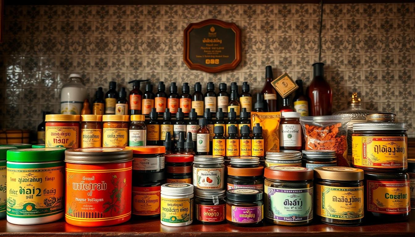 A striking display of traditional Thai apothecary items, featuring an assortment of herbal balms, muscle rubs, and insect repellents. The foreground showcases a selection of vibrant, hand-crafted tubs and jars, their labels adorned with Thai script and intricate illustrations. In the middle ground, various essential oils, salves, and aromatic powders are neatly arranged, emanating a soothing, earthy fragrance. The background depicts an ornate, tiled wall, evoking the atmosphere of a classic Thai pharmacy, bathed in warm, diffused lighting that casts gentle shadows, creating a sense of timeless tradition and natural wellness.