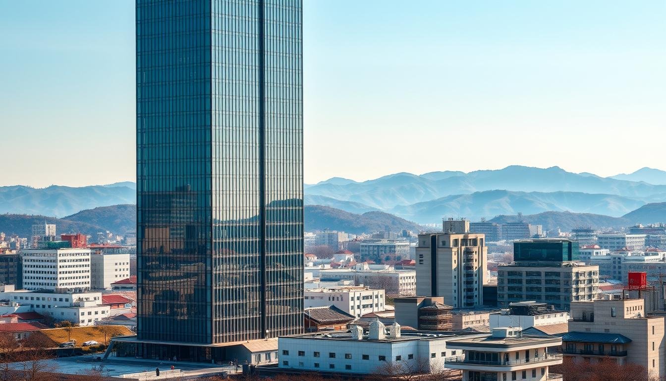 A stunning cityscape showcasing the distinctive features of modern Korean architecture. In the foreground, a striking glass-and-steel skyscraper stands tall, its sleek facade reflecting the surrounding urban landscape. In the middle ground, a series of low-rise buildings blend traditional Korean design elements with contemporary minimalist styling, their clean lines and muted tones creating a harmonious visual tapestry. The background is dominated by rolling hills and a clear blue sky, providing a serene natural backdrop to the urban scene. The lighting is soft and diffused, casting a warm, welcoming glow over the entire composition. The scene is captured from a slightly elevated angle, allowing the viewer to take in the full breadth and depth of the architectural exploration. A stunning cityscape showcasing the distinctive features of modern Korean architecture. In the foreground, a striking glass-and-steel skyscraper stands tall, its sleek facade reflecting the surrounding urban landscape. In the middle ground, a series of low-rise buildings blend traditional Korean design elements with contemporary minimalist styling, their clean lines and muted tones creating a harmonious visual tapestry. The background is dominated by rolling hills and a clear blue sky, providing a serene natural backdrop to the urban scene. The lighting is soft and diffused, casting a warm, welcoming glow over the entire composition. The scene is captured from a slightly elevated angle, allowing the viewer to take in the full breadth and depth of the architectural exploration.