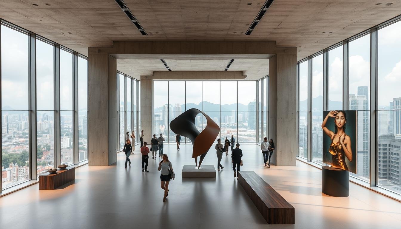 A stunning modern art space in Hong Kong, with floor-to-ceiling windows offering panoramic views of the bustling city skyline. The interior is a harmonious blend of clean lines, minimalist decor, and thoughtfully curated artworks that capture the vibrant energy of the local creative community. Soft, diffused lighting casts a warm glow, accentuating the smooth textures of the concrete walls and wooden accents. Visitors meander through the open-concept gallery, pausing to admire the bold, abstract sculptures that seem to dance across the space. The atmosphere is one of contemplation and inspiration, where the boundaries between art, architecture, and everyday life blur, inviting deeper engagement with the surrounding environment. A stunning modern art space in Hong Kong, with floor-to-ceiling windows offering panoramic views of the bustling city skyline. The interior is a harmonious blend of clean lines, minimalist decor, and thoughtfully curated artworks that capture the vibrant energy of the local creative community. Soft, diffused lighting casts a warm glow, accentuating the smooth textures of the concrete walls and wooden accents. Visitors meander through the open-concept gallery, pausing to admire the bold, abstract sculptures that seem to dance across the space. The atmosphere is one of contemplation and inspiration, where the boundaries between art, architecture, and everyday life blur, inviting deeper engagement with the surrounding environment.