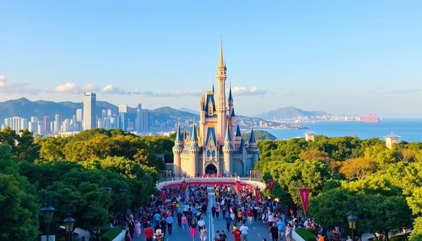 A stunning, panoramic view of Hong Kong Disneyland, set against the backdrop of the majestic Hong Kong skyline. In the foreground, a vibrant parade of colorful Disney characters marches down a broad, tree-lined avenue, drawing excited families into the magical realm. The middle ground features the iconic Sleeping Beauty Castle, its delicate spires and turrets bathed in warm, golden sunlight. In the distance, lush green hills and the glistening waters of the South China Sea create a serene and picturesque horizon. The scene exudes a sense of wonder, adventure, and the perfect balance of modern and whimsical elements that define the essence of this beloved family-friendly destination. A stunning, panoramic view of Hong Kong Disneyland, set against the backdrop of the majestic Hong Kong skyline. In the foreground, a vibrant parade of colorful Disney characters marches down a broad, tree-lined avenue, drawing excited families into the magical realm. The middle ground features the iconic Sleeping Beauty Castle, its delicate spires and turrets bathed in warm, golden sunlight. In the distance, lush green hills and the glistening waters of the South China Sea create a serene and picturesque horizon. The scene exudes a sense of wonder, adventure, and the perfect balance of modern and whimsical elements that define the essence of this beloved family-friendly destination.