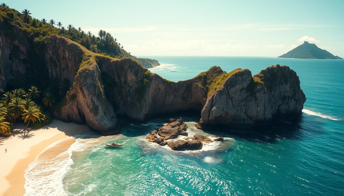A sun-dappled coastal landscape, where rugged cliffs meet the gently lapping waves of the emerald sea. In the foreground, a serene cove with white sandy beaches and lush tropical foliage. Towering rock formations, sculpted by time and the elements, stand guard in the middle ground, casting dramatic shadows. In the distance, a lush, verdant island rises from the horizon, its peaks enshrouded in wispy clouds. The scene is bathed in warm, golden light, creating a sense of tranquility and wonder. A wide-angle lens captures the expansive, panoramic view, inviting the viewer to explore the hidden treasures of this remote, unspoiled paradise. A sun-dappled coastal landscape, where rugged cliffs meet the gently lapping waves of the emerald sea. In the foreground, a serene cove with white sandy beaches and lush tropical foliage. Towering rock formations, sculpted by time and the elements, stand guard in the middle ground, casting dramatic shadows. In the distance, a lush, verdant island rises from the horizon, its peaks enshrouded in wispy clouds. The scene is bathed in warm, golden light, creating a sense of tranquility and wonder. A wide-angle lens captures the expansive, panoramic view, inviting the viewer to explore the hidden treasures of this remote, unspoiled paradise.