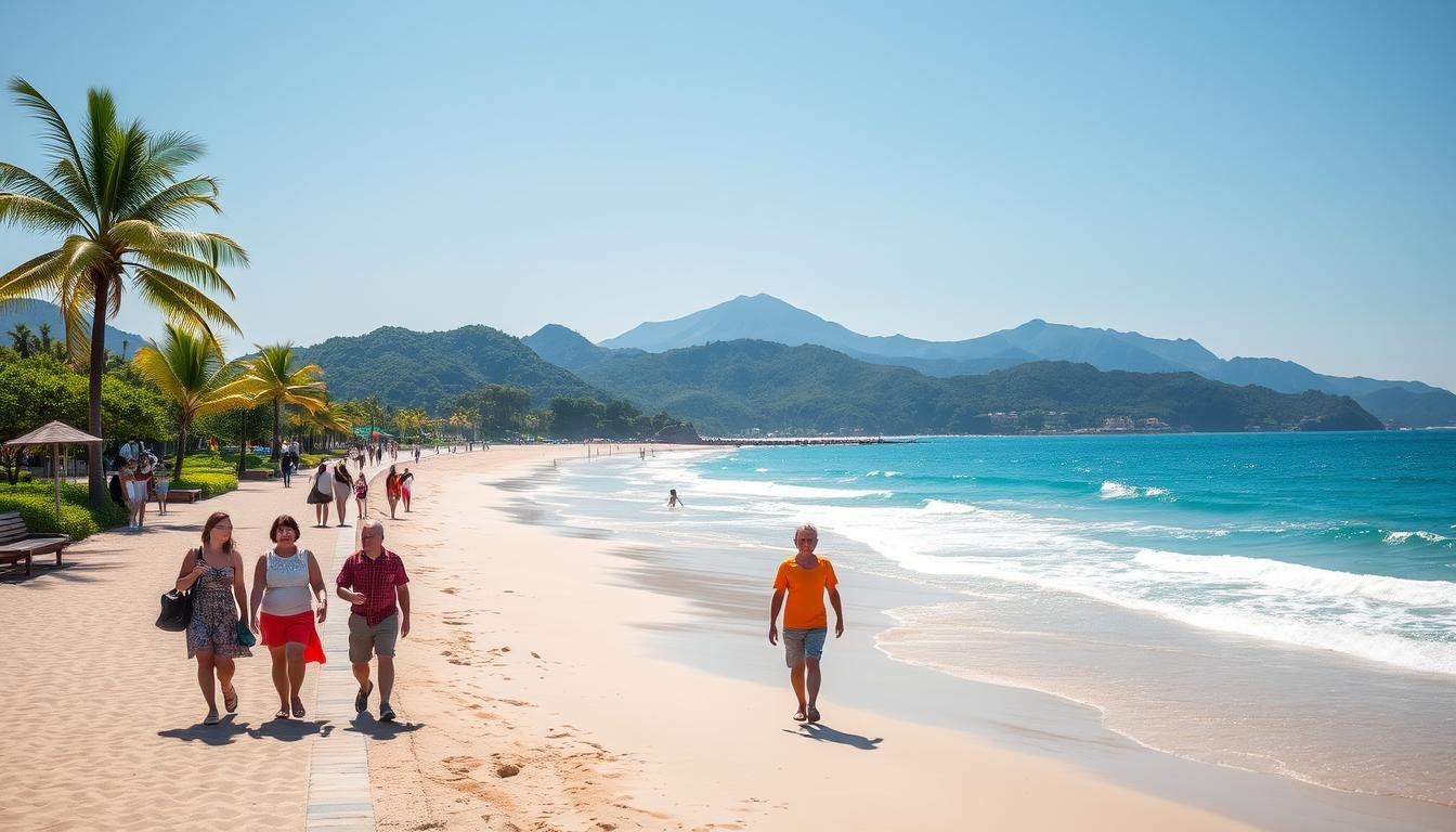A sun-drenched coastal scene on the picturesque Jeju Island, South Korea, during the prime travel season. A sandy beach stretches out, fringed by swaying palm trees and lush greenery. Warm sunlight dances across the turquoise waters, inviting visitors to dive in and enjoy the refreshing surf. In the distance, volcanic mountains rise majestically, their peaks shrouded in a soft, hazy mist. Families and couples stroll along the promenade, taking in the serene atmosphere and planning their island adventures. The scene exudes a sense of tranquility and the perfect balance of natural beauty and leisure, capturing the essence of Jeju's ideal travel season. A sun-drenched coastal scene on the picturesque Jeju Island, South Korea, during the prime travel season. A sandy beach stretches out, fringed by swaying palm trees and lush greenery. Warm sunlight dances across the turquoise waters, inviting visitors to dive in and enjoy the refreshing surf. In the distance, volcanic mountains rise majestically, their peaks shrouded in a soft, hazy mist. Families and couples stroll along the promenade, taking in the serene atmosphere and planning their island adventures. The scene exudes a sense of tranquility and the perfect balance of natural beauty and leisure, capturing the essence of Jeju's ideal travel season.