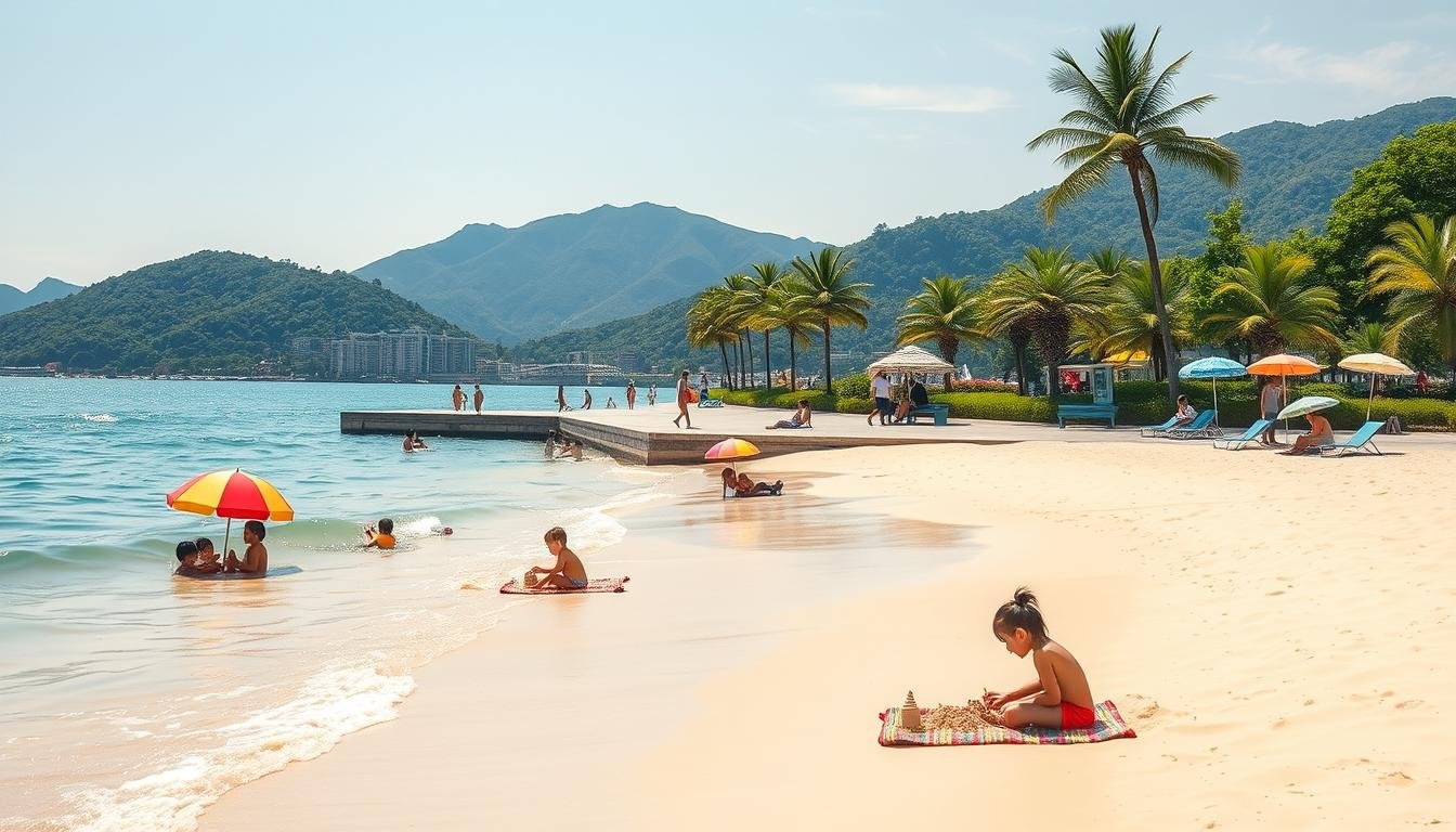 A sun-drenched, family-friendly beach nestled along the serene shores of Korea, with gentle waves lapping at the golden sands. In the foreground, children play joyfully, building sandcastles and splashing in the crystal-clear waters. Colorful beach umbrellas and towels dot the landscape, providing ample shade and comfort for parents relaxing nearby. The middle ground features a well-manicured promenade, dotted with benches and lush palm trees, inviting visitors to stroll and soak in the tranquil atmosphere. In the background, picturesque mountains rise, their verdant slopes contrasting with the azure sky. Soft, diffused lighting creates a warm, inviting ambiance, capturing the essence of a family-friendly Korean summer beach getaway.