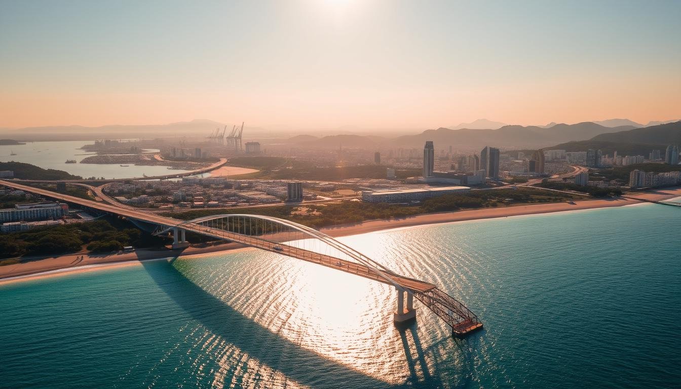 A sweeping aerial view of Busan's picturesque coastal landscape, bathed in warm, golden afternoon light. In the foreground, the iconic Gwangandaegyo Bridge arches gracefully over the sparkling azure waters of Haeundae Beach, its sleek, modern design complementing the natural beauty. In the middle ground, the bustling Busan Port Authority Terminal stands tall, a testament to the city's maritime heritage. In the distance, the dramatic silhouettes of Geumjeong Mountain and Seokbulsa Temple rise up, creating a breathtaking backdrop. The scene exudes a sense of tranquility and wonder, inviting the viewer to explore the vibrant culture and stunning landscapes that make Busan a must-visit destination in South Korea.