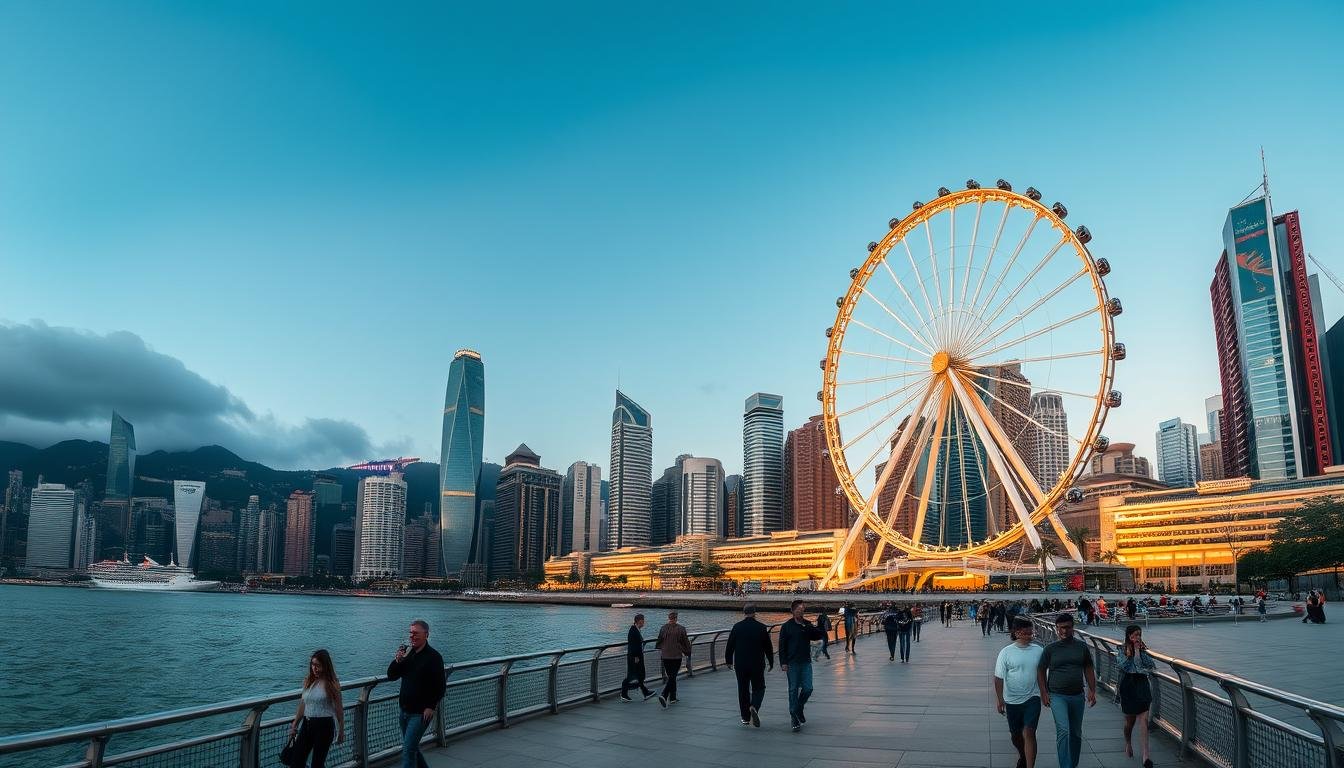 A sweeping panorama of the iconic Central Harbourfront in Hong Kong, featuring the magnificent Ferris wheel, the Ferris Wheel at Central, against the backdrop of the vibrant skyline. The ferris wheel stands tall, its massive structure illuminated by warm, golden light, casting a gentle glow across the bustling waterfront. In the foreground, pedestrians stroll along the promenade, taking in the breathtaking views of Victoria Harbour and the towering skyscrapers that line the shoreline. The scene is alive with energy, capturing the essence of Hong Kong's iconic urban landscape and the timeless allure of the Central Harbourfront experience.