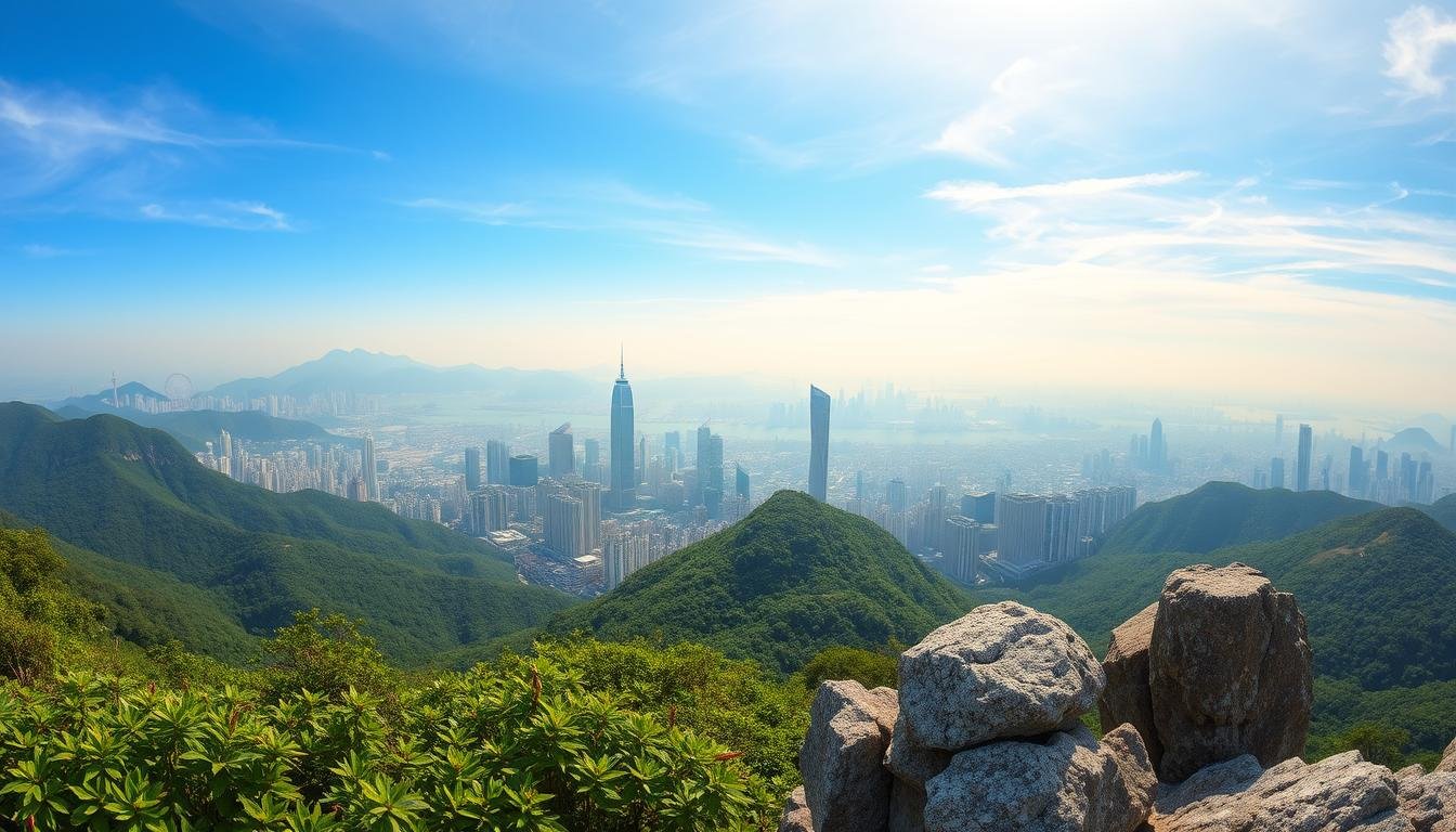 A sweeping panoramic vista from the summit of Tai Ping Shan, Hong Kong's iconic mountain peak. In the foreground, lush green foliage and rocky outcroppings frame the breathtaking scene. The middle ground reveals the city's bustling skyline, with sleek high-rises and the iconic Ferris wheel standing tall. The background is dominated by a hazy blue sky, with wispy clouds adding a sense of ethereal tranquility. The lighting is soft and diffused, casting a warm, golden glow over the entire landscape. Captured with a wide-angle lens to fully immerse the viewer in the grandeur of this stunning natural and urban landscape.