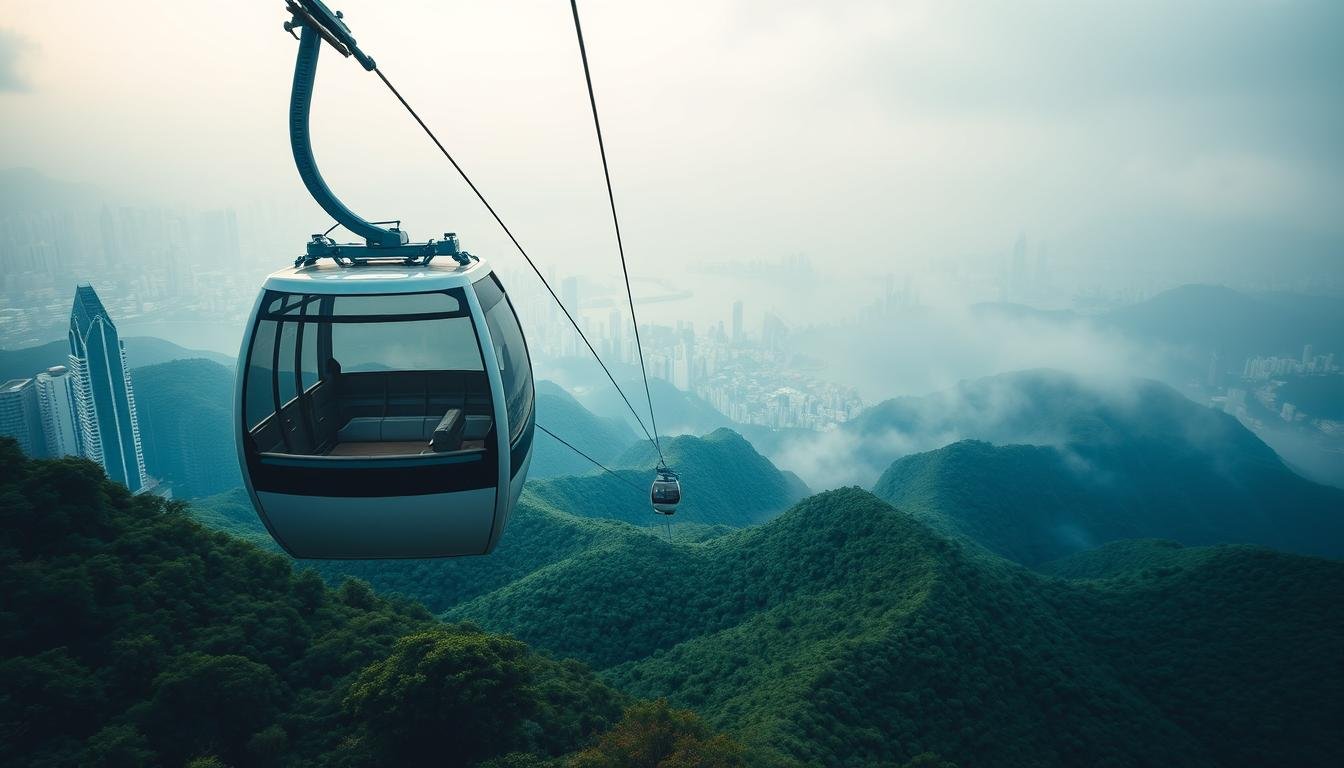 A sweeping vista of Hong Kong's iconic Tung Chung Cable Car, capturing the journey up to the lush, misty summit of Mount Tai Po Shan. The car glides effortlessly through the air, offering panoramic views of the city's skyscrapers and surrounding islands. In the foreground, the cable car's sleek, modern design stands in contrast to the verdant, rolling hills in the background. Soft, diffused lighting bathes the scene, creating an atmospheric and serene ambiance. The camera angle emphasizes the scale and grandeur of the experience, inviting the viewer to imagine themselves onboard, taking in the breathtaking sights of Hong Kong from this elevated vantage point.
