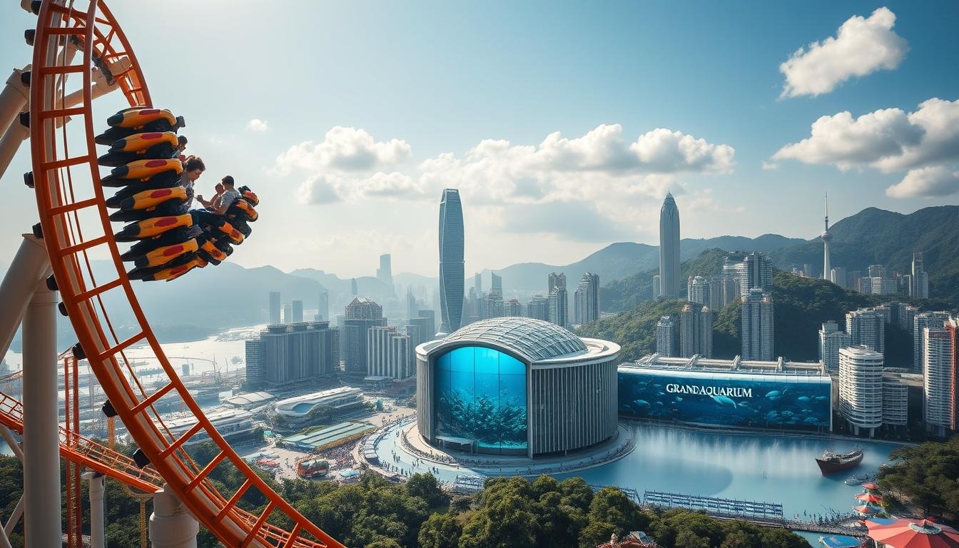 A thrilling scene at Ocean Park, Hong Kong's premier theme park. In the foreground, a towering roller coaster loops and twists, with adrenaline-fueled riders gripping the safety rails as they hurtle through the air. Behind it, the iconic Grand Aquarium rises, its glass walls revealing schools of vibrant marine life. In the distance, the majestic Hong Kong skyline frames the scene, a backdrop of gleaming skyscrapers and lush hills. Vibrant lighting casts dramatic shadows, heightening the sense of excitement and adventure. A wide-angle lens captures the full scope of this exhilarating experience, inviting viewers to imagine themselves immersed in the thrill of Hong Kong's premier seaside attraction.