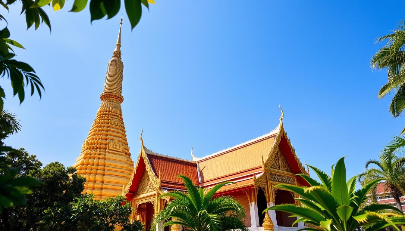 A towering golden Burmese-style stupa rises majestically against a clear azure sky, its intricately carved spires and gilded roofs reflecting the warm tropical sunlight. The ancient Buddhist temple of Suthat Thepwararam, with its ornate facade and serene courtyard, stands as a testament to Thailand's rich cultural heritage and the enduring power of spiritual devotion. Lush tropical foliage frames the scene, creating a sense of timeless tranquility. The image captures the grandeur and timelessness of this historic Bangkok landmark, inviting the viewer to explore its hallowed halls and discover the essence of Thailand's vibrant religious traditions. A towering golden Burmese-style stupa rises majestically against a clear azure sky, its intricately carved spires and gilded roofs reflecting the warm tropical sunlight. The ancient Buddhist temple of Suthat Thepwararam, with its ornate facade and serene courtyard, stands as a testament to Thailand's rich cultural heritage and the enduring power of spiritual devotion. Lush tropical foliage frames the scene, creating a sense of timeless tranquility. The image captures the grandeur and timelessness of this historic Bangkok landmark, inviting the viewer to explore its hallowed halls and discover the essence of Thailand's vibrant religious traditions.
