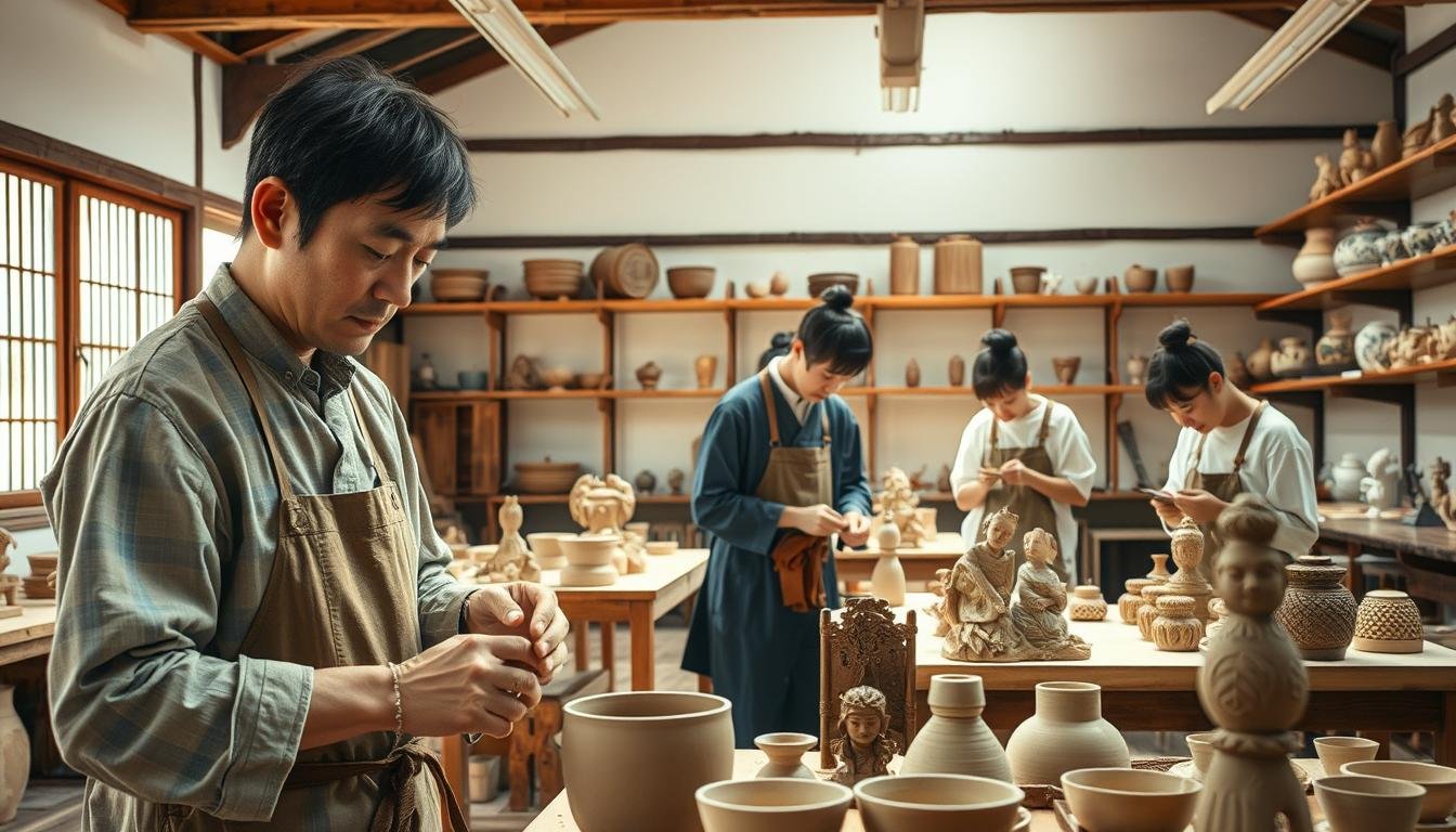 A traditional Korean craft workshop, showcasing the intricate processes and skilled artisanry of the region. The scene depicts a well-lit, spacious studio, with natural light streaming through large windows, casting a warm, inviting glow over the workspace. In the foreground, a master craftsperson meticulously shapes and molds clay, their hands moving with practiced precision. In the middle ground, apprentices diligently work at their stations, carving delicate patterns into wooden sculptures or carefully painting vibrant hues onto delicate porcelain pieces. The background features shelves displaying the finished products, each item a testament to the rich cultural heritage and centuries-old traditions of Korean craftsmanship. A traditional Korean craft workshop, showcasing the intricate processes and skilled artisanry of the region. The scene depicts a well-lit, spacious studio, with natural light streaming through large windows, casting a warm, inviting glow over the workspace. In the foreground, a master craftsperson meticulously shapes and molds clay, their hands moving with practiced precision. In the middle ground, apprentices diligently work at their stations, carving delicate patterns into wooden sculptures or carefully painting vibrant hues onto delicate porcelain pieces. The background features shelves displaying the finished products, each item a testament to the rich cultural heritage and centuries-old traditions of Korean craftsmanship.