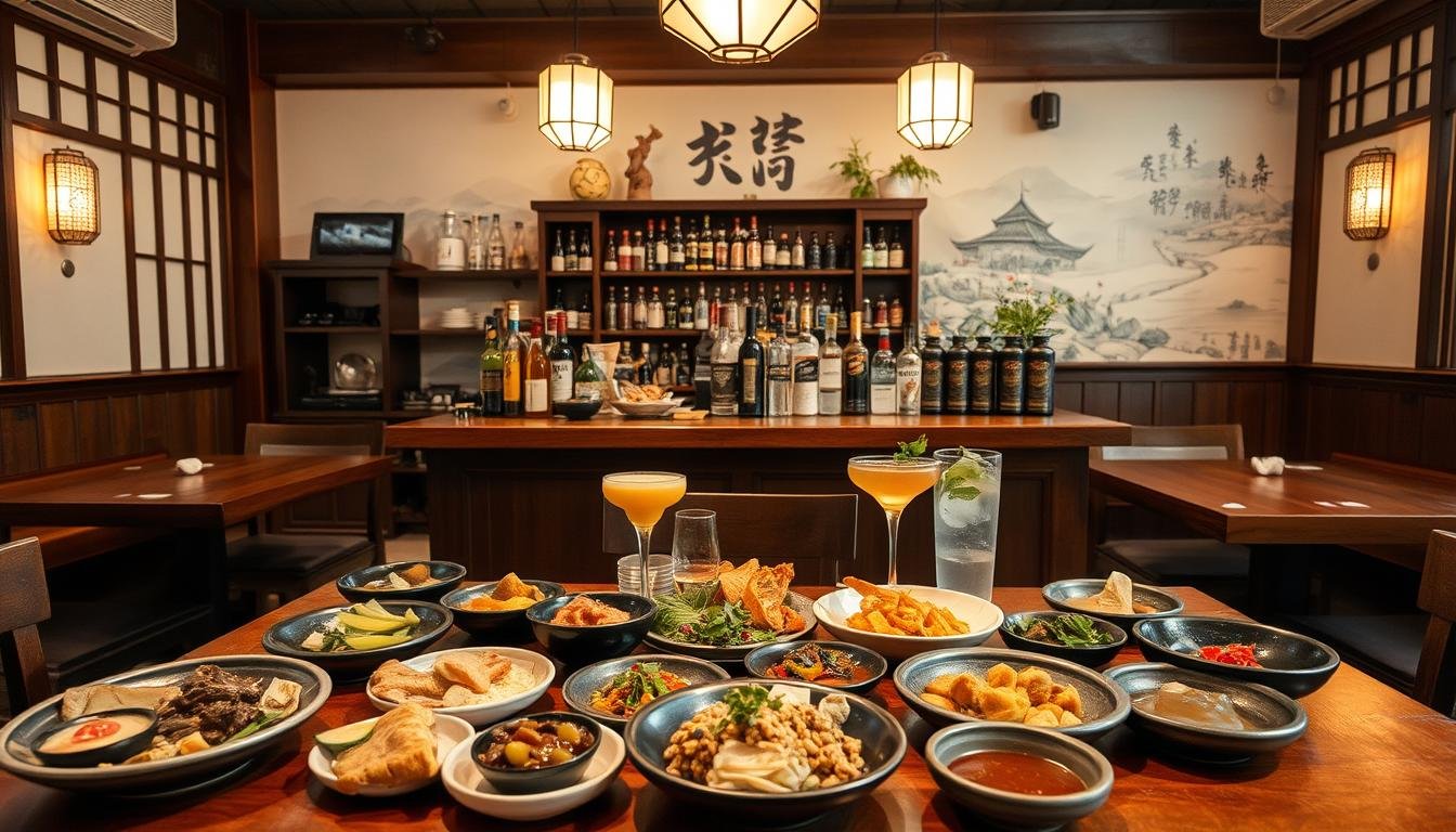 A traditional Korean restaurant interior, with a cozy and inviting atmosphere. In the foreground, a table is set with an array of small dishes, each featuring a different Korean delicacy - from grilled meats and seafood to fermented vegetables and traditional sauces. In the middle ground, a well-stocked bar showcases a variety of Korean soju, makgeolli, and craft cocktails, each paired thoughtfully with the culinary offerings. The background is filled with warm lighting, traditional wooden accents, and a subtle mural depicting the harmony of Korean cuisine and beverages. The overall scene conveys the core principles of Korean food and drink pairing - balance, complementary flavors, and a celebration of local culture.