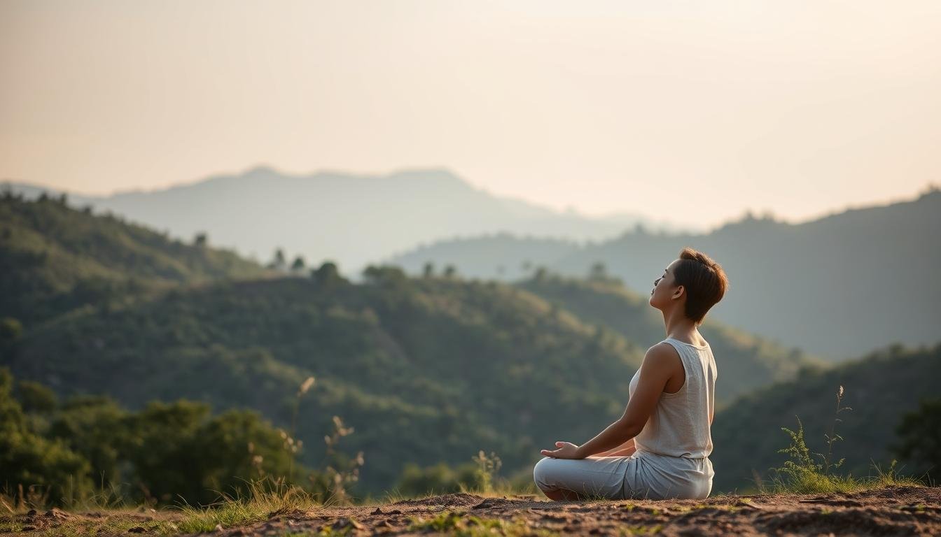 A tranquil South Korean landscape, with rolling hills and lush greenery as the backdrop. In the foreground, a solitary figure sits in a meditative pose, eyes closed, their face reflecting a sense of inner peace and personal growth. Soft, diffuse lighting filters through the scene, creating a serene and contemplative atmosphere. The composition is balanced and harmonious, capturing the essence of personal development and self-management within the context of the Korean lifestyle.