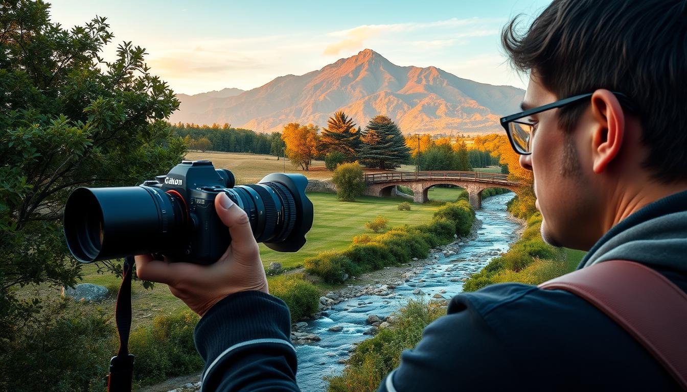 A tranquil and serene landscape with a photographer capturing a captivating scene. In the foreground, a skilled photographer stands with a professional-grade camera, their eye peering through the viewfinder, framing the perfect shot. The middle ground features an idyllic setting, with lush greenery, a meandering stream, and a picturesque bridge leading the viewer's gaze. In the background, a majestic mountain range adorns the horizon, its peaks bathed in warm, golden sunlight. The overall atmosphere exudes a sense of calm and contemplation, inviting the viewer to appreciate the art of photography and the beauty of the world around us. A tranquil and serene landscape with a photographer capturing a captivating scene. In the foreground, a skilled photographer stands with a professional-grade camera, their eye peering through the viewfinder, framing the perfect shot. The middle ground features an idyllic setting, with lush greenery, a meandering stream, and a picturesque bridge leading the viewer's gaze. In the background, a majestic mountain range adorns the horizon, its peaks bathed in warm, golden sunlight. The overall atmosphere exudes a sense of calm and contemplation, inviting the viewer to appreciate the art of photography and the beauty of the world around us.