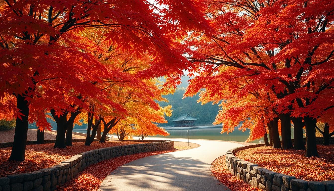 A tranquil autumn landscape in the outskirts of Seoul, South Korea. Lush maple trees ablaze with vibrant crimson and amber hues, their leaves gently cascading down onto a winding pathway flanked by stone walls. In the distance, a traditional pavilion nestled amidst the foliage, its elegant architecture reflected in a serene pond. Warm, diffused sunlight filters through the canopy, casting a golden glow over the scene. A gentle breeze rustles the trees, creating a mesmerizing symphony of colors and textures. This idyllic autumnal retreat offers a peaceful respite from the bustling city, inviting visitors to immerse themselves in the natural splendor of the Korean countryside.