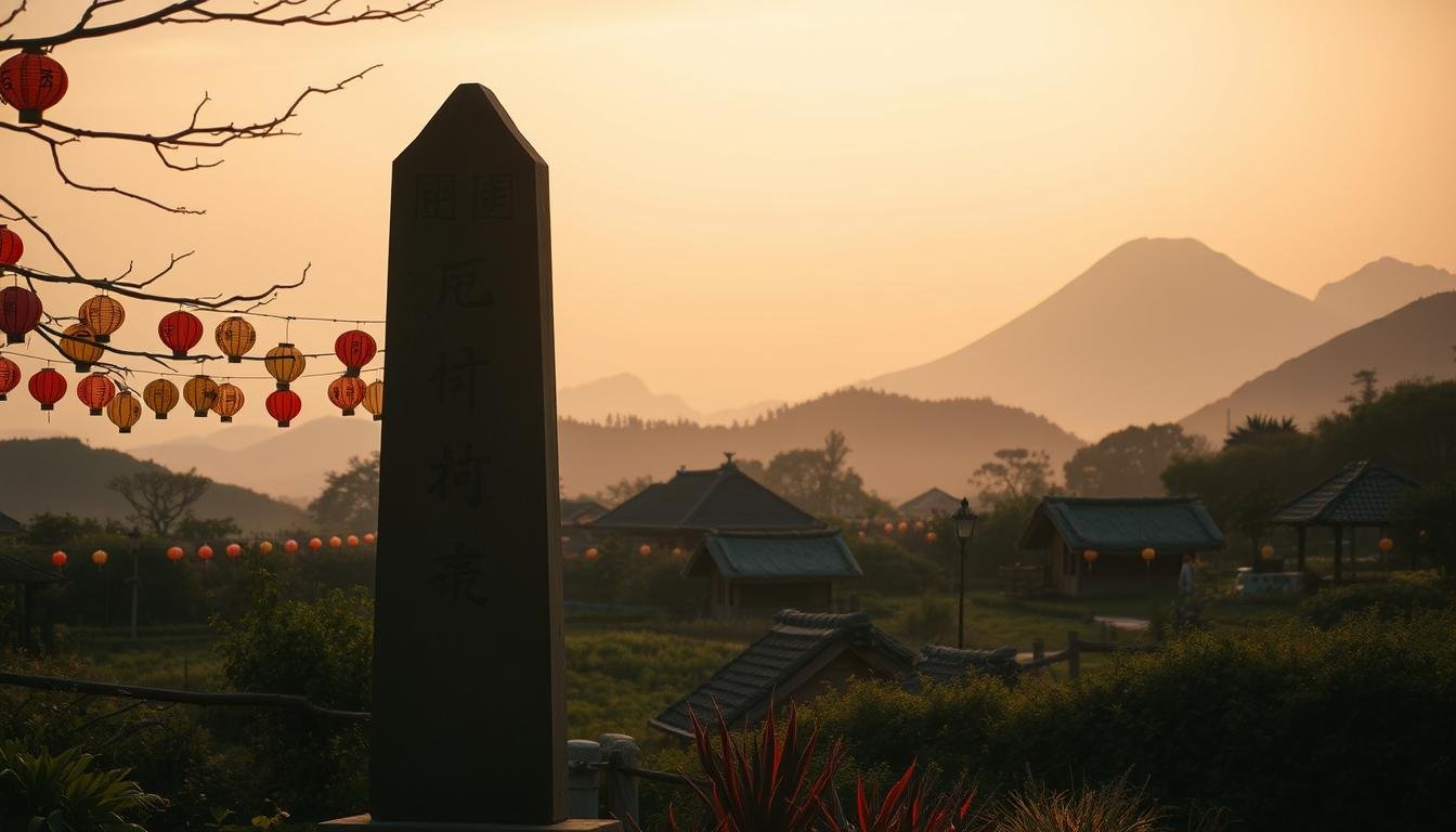 A tranquil scene of Jeju Island's traditional folk beliefs. In the foreground, a revered stone monument stands tall, its weathered surface etched with ancient symbols. Surrounding it, clusters of colorful paper lanterns sway gently in the breeze, their soft glow illuminating the serene landscape. In the middle ground, thatched-roof houses peek out from lush vegetation, their traditional architecture a testament to the island's rich cultural heritage. In the distance, the silhouettes of volcanic peaks rise majestically against a hazy, golden-hued sky, creating a sense of timeless wonder. Warm, diffused lighting casts a tranquil, reverent atmosphere, inviting the viewer to immerse themselves in the sacred traditions of Jeju Island.