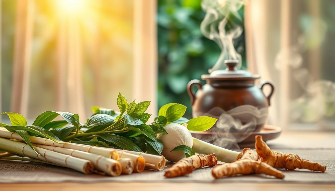 A tranquil still life capturing the essence of Thai aromatics. In the foreground, an array of fragrant Thai herbs and spices - lemongrass, kaffir lime leaves, galangal, and turmeric - arranged harmoniously. In the middle ground, a traditional Thai ceramic vessel emits wisps of aromatic steam, evoking the soothing scents of a Thai kitchen. The background features a soft, blurred window overlooking a lush, verdant garden, bathed in warm, golden light filtering through sheer curtains. The overall composition radiates a sense of serene, sensory bliss, inviting the viewer to immerse themselves in the captivating aromas of Thailand. A tranquil still life capturing the essence of Thai aromatics. In the foreground, an array of fragrant Thai herbs and spices - lemongrass, kaffir lime leaves, galangal, and turmeric - arranged harmoniously. In the middle ground, a traditional Thai ceramic vessel emits wisps of aromatic steam, evoking the soothing scents of a Thai kitchen. The background features a soft, blurred window overlooking a lush, verdant garden, bathed in warm, golden light filtering through sheer curtains. The overall composition radiates a sense of serene, sensory bliss, inviting the viewer to immerse themselves in the captivating aromas of Thailand.