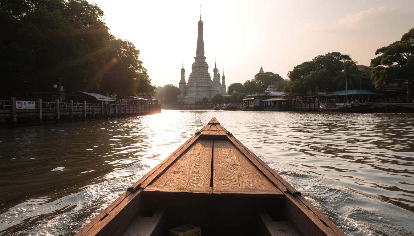 A tranquil vista of the Chao Phraya River, captured from the vantage point of a traditional wooden ferry. Gently drifting across the calm waters, the viewer is immersed in the rhythm of daily life along the riverbanks. Towering temple spires and historic structures line the shores, their intricate architecture reflected in the glimmering surface. Sunlight filters through the lush foliage, casting a warm, golden glow over the scene. The ferry's simple, time-worn design blends seamlessly with the timeless ambiance, inviting the observer to pause and soak in the cultural essence of Bangkok's iconic waterway. A tranquil vista of the Chao Phraya River, captured from the vantage point of a traditional wooden ferry. Gently drifting across the calm waters, the viewer is immersed in the rhythm of daily life along the riverbanks. Towering temple spires and historic structures line the shores, their intricate architecture reflected in the glimmering surface. Sunlight filters through the lush foliage, casting a warm, golden glow over the scene. The ferry's simple, time-worn design blends seamlessly with the timeless ambiance, inviting the observer to pause and soak in the cultural essence of Bangkok's iconic waterway.