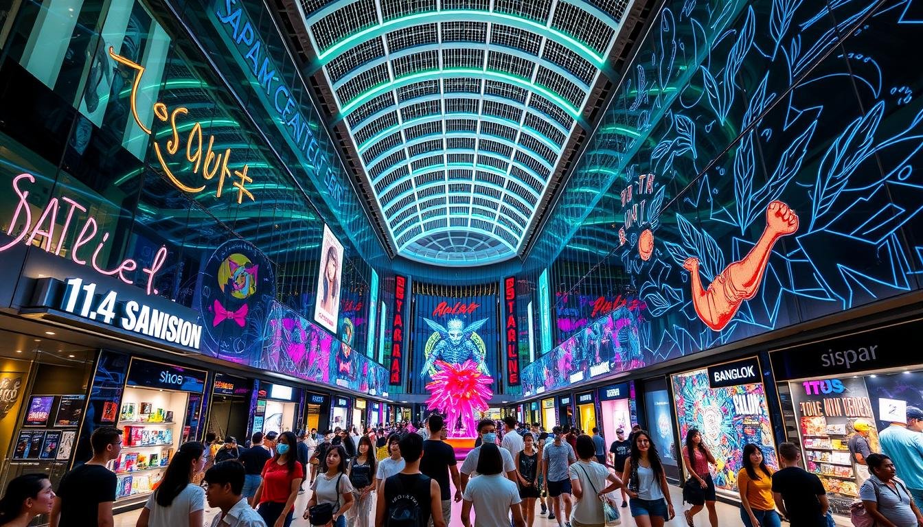 A vibrant and modern shopping complex in the heart of Bangkok, Siam Center showcases the latest trends in Thai youth culture. Sleek glass facades reflect the bustling energy of the city, while an array of innovative local brands and fashion-forward boutiques fill the interior. Neon lights dance across the high ceilings, casting a futuristic glow over the dynamic crowds. Colorful murals and interactive art installations line the walkways, creating an immersive, Instagram-worthy atmosphere. Amidst the visual spectacle, young Thais mingle, window-shop, and indulge in the latest streetwear and lifestyle products, making Siam Center the vibrant heart of Bangkok's thriving creative scene.
