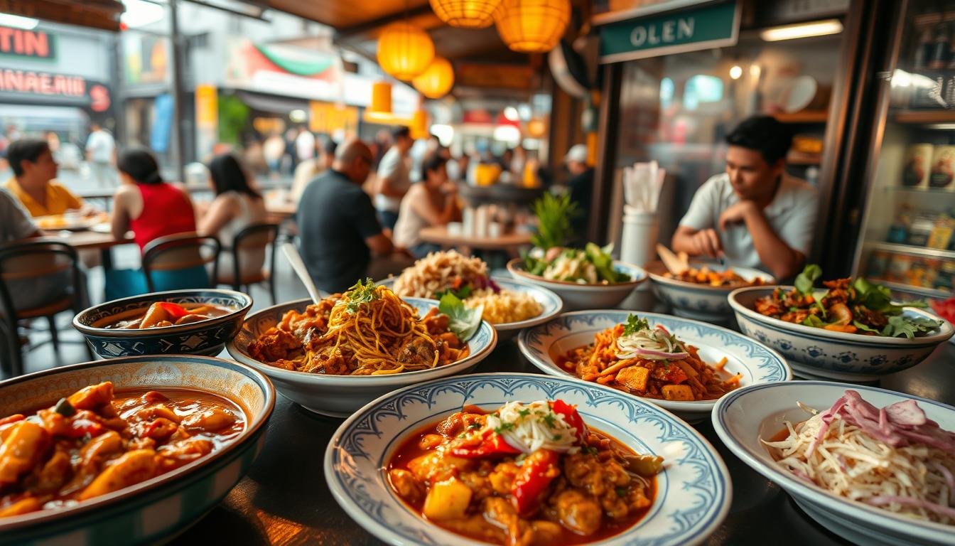 A vibrant and mouthwatering scene of renowned Michelin-recommended local cuisine in Bangkok. In the foreground, a selection of beautifully plated Thai dishes, including fragrant curries, sizzling stir-fries, and colorful salads, all presented on traditional Thai ceramics. In the middle ground, the bustling atmosphere of a lively local eatery, with patrons enjoying their meals and the warm, welcoming ambiance. In the background, a glimpse of the bustling city streets, with a hint of the iconic architecture and vibrant energy that define Bangkok's culinary landscape. The lighting is soft and natural, casting a golden glow over the scene and accentuating the rich, vibrant hues of the food. The overall composition conveys a sense of authenticity, quality, and the celebration of Thailand's renowned culinary heritage.