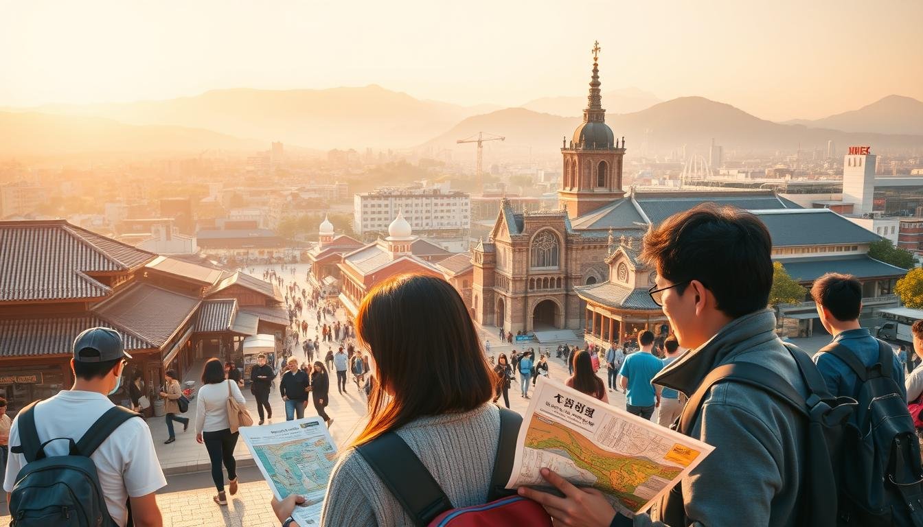 A vibrant and practical travel guide for Gwangju, South Korea. A detailed panoramic cityscape of Gwangju's historic architecture, bustling markets, and modern landmarks, bathed in warm golden sunlight. In the foreground, a group of tourists consult a map and guidebook, surrounded by people navigating the lively streets. The middle ground features prominent landmarks like the Gwangju Culture and Art Center and the Yangnim-dong Catholic Church. The background showcases the city's mountainous horizon, with a soft hazy atmosphere conveying a sense of tranquility and discovery. Technical details include a wide-angle lens, shallow depth of field, and natural lighting to capture the city's vibrant energy and practical travel tips.