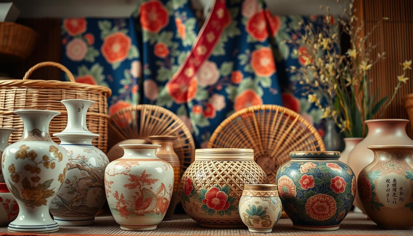 A vibrant array of Japan's traditional crafts, showcased in a harmonious composition. In the foreground, delicate ceramic vases, their intricate designs reflecting centuries of artisanal mastery. In the middle ground, intricately woven bamboo baskets, their warm tones complementing the natural textures. In the background, a stunning kimono, its vibrant hues and elegant patterns embodying the rich cultural heritage. Soft, diffused lighting illuminates the scene, casting a serene, contemplative mood. Captured with a wide-angle lens, the image captures the beauty and diversity of Japan's enduring artisanal traditions.