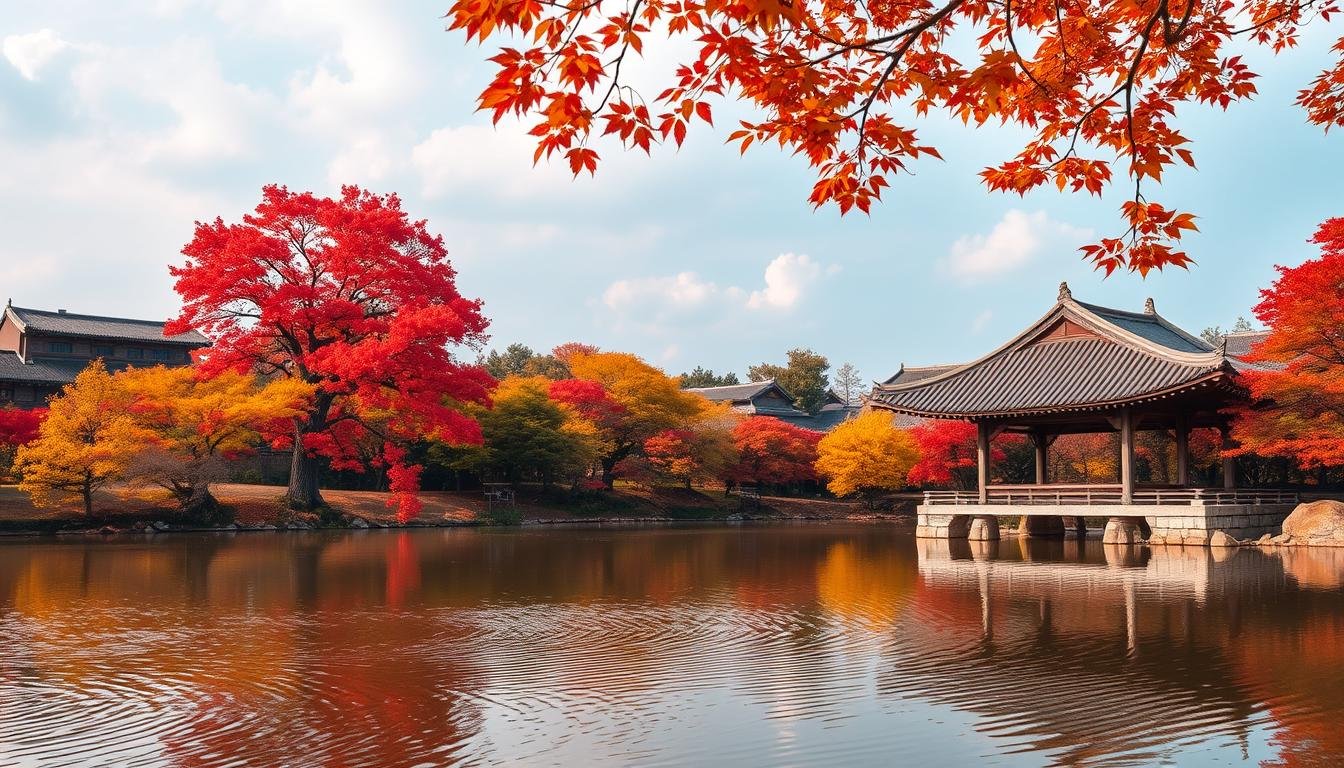 A vibrant autumn landscape in Gyeongju, Busan region, South Korea. Majestic crimson and golden maple trees line the banks of a serene pond, their reflection rippling on the still water. In the foreground, a traditional Korean pavilion with an elegant tiled roof stands amid the foliage. A light, warm breeze rustles the leaves, creating a captivating play of shadows and highlights. The sky is a soft, hazy blue, with fluffy white clouds drifting overhead. The overall atmosphere is one of tranquility and natural beauty, inviting the viewer to immerse themselves in the splendor of the Korean autumn.