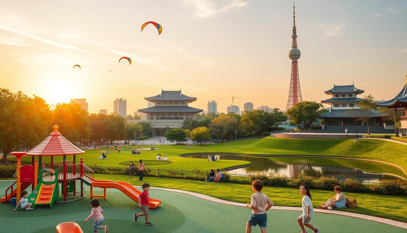 A vibrant, cheerful scene depicting popular family-friendly attractions in Seoul, South Korea. In the foreground, children playfully explore a whimsical, colorful playground, its structures and slides inviting endless hours of fun. The middle ground features a lush, verdant park with picnicking families, kites soaring overhead, and a serene pond reflecting the sky. In the background, the iconic Seoul Tower stands tall, its distinctive architecture silhouetted against a warm, golden sunset. Crisp, soft lighting casts a welcoming glow, capturing the energy and joy of a perfect day out for parents and kids alike in this dynamic, metropolitan city.