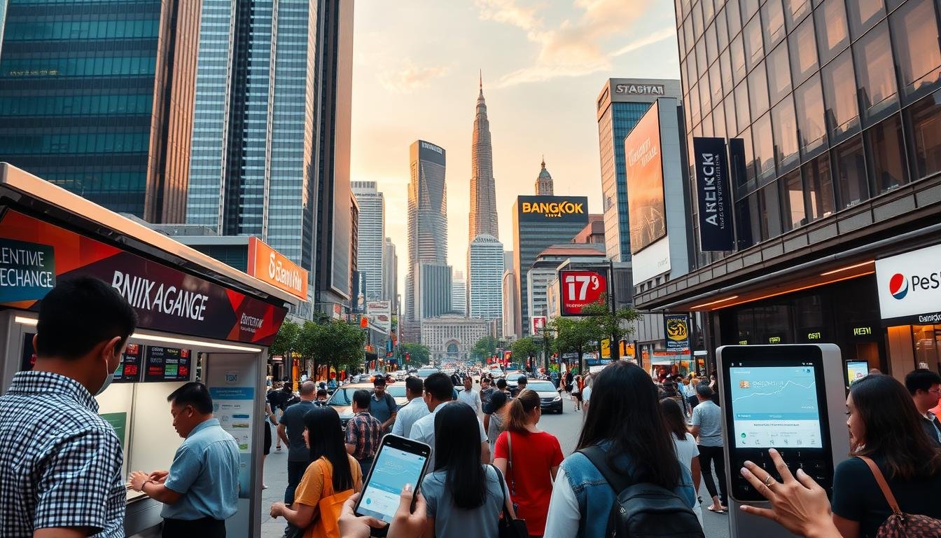 A vibrant cityscape of Bangkok's bustling financial district, with towering skyscrapers and busy streets. In the foreground, people exchange currencies at modern currency exchange kiosks, their faces focused on the transaction. The middle ground features an array of payment options, including credit cards, mobile wallets, and contactless terminals, conveying the convenience and security of diverse payment strategies. The background showcases the iconic landmarks of the city, bathed in warm, golden lighting, creating an atmosphere of prosperity and progress. The scene captures the essence of navigating currency exchange and payment methods while exploring the dynamic heart of Bangkok.