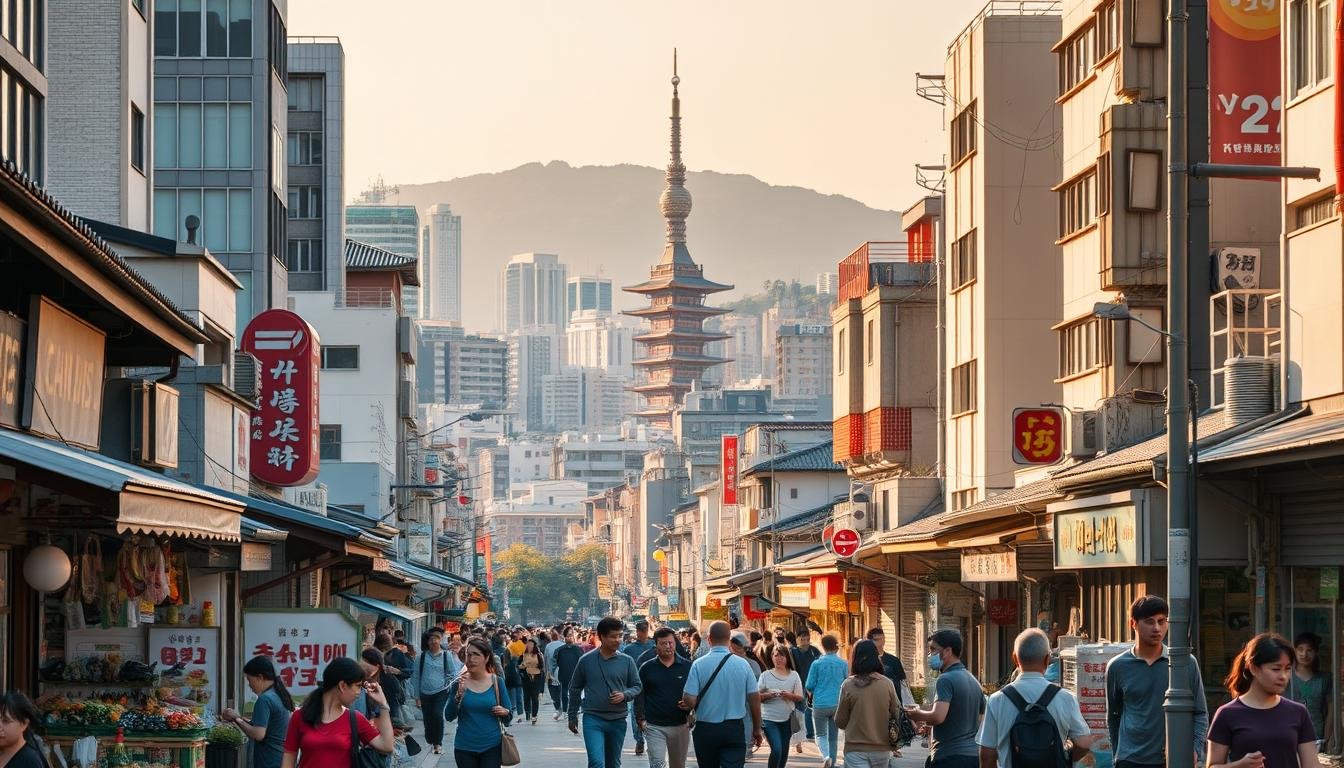 A vibrant cityscape of Seoul, South Korea, bathed in warm afternoon light. In the foreground, a bustling street scene with locals going about their daily lives - buying groceries, chatting with neighbors, and navigating the busy sidewalks. In the middle ground, a mix of modern high-rises and traditional Korean architecture, showcasing the country's blend of old and new. In the background, the iconic N Seoul Tower stands tall, overlooking the city. The overall atmosphere is one of energy, efficiency, and a uniquely Korean way of living, capturing the essence of the "Practical Life Information" section of the travel guide.