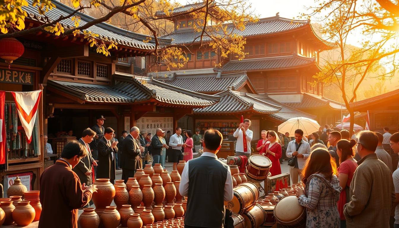 A vibrant cultural experience in the heart of Seoul, showcasing the city's rich heritage. The scene depicts a bustling outdoor marketplace, with traditional Korean musicians and dancers performing against a backdrop of colorful hanok architecture. Warm sunlight filters through the trees, casting a golden glow over the lively festivities. In the foreground, artisans sell handcrafted wares, their skilled hands shaping intricate pottery and textiles. Visitors immerse themselves in the rhythmic beat of traditional drums, surrounded by the aromas of Korean street food. The atmosphere exudes a captivating blend of modernity and timeless tradition, inviting the viewer to discover the enchanting soul of Seoul. A vibrant cultural experience in the heart of Seoul, showcasing the city's rich heritage. The scene depicts a bustling outdoor marketplace, with traditional Korean musicians and dancers performing against a backdrop of colorful hanok architecture. Warm sunlight filters through the trees, casting a golden glow over the lively festivities. In the foreground, artisans sell handcrafted wares, their skilled hands shaping intricate pottery and textiles. Visitors immerse themselves in the rhythmic beat of traditional drums, surrounded by the aromas of Korean street food. The atmosphere exudes a captivating blend of modernity and timeless tradition, inviting the viewer to discover the enchanting soul of Seoul.