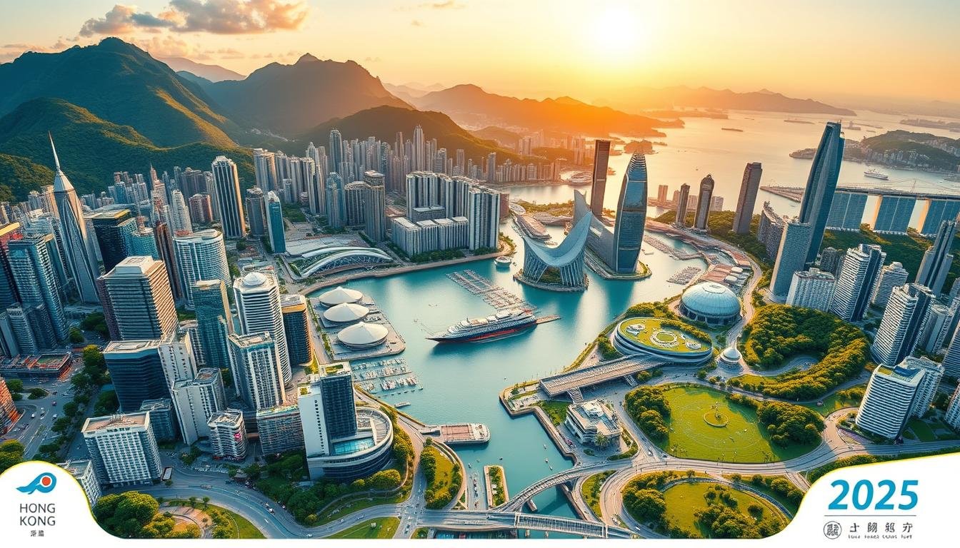 A vibrant, detailed map of Hong Kong's new landmarks and attractions in 2025. In the foreground, bustling scenes of modern skyscrapers, futuristic transportation hubs, and lush green parks. The middle ground features iconic landmarks like the revamped Victoria Harbour, Kai Tak Cruise Terminal, and Tsing Lung Bridge, captured in a dynamic wide-angle perspective. In the background, the majestic mountains and coastline provide a stunning natural backdrop, bathed in warm, golden hour lighting. The map conveys a sense of progress, innovation, and the city's continued evolution as a global hub, while preserving its unique cultural heritage and natural beauty. A vibrant, detailed map of Hong Kong's new landmarks and attractions in 2025. In the foreground, bustling scenes of modern skyscrapers, futuristic transportation hubs, and lush green parks. The middle ground features iconic landmarks like the revamped Victoria Harbour, Kai Tak Cruise Terminal, and Tsing Lung Bridge, captured in a dynamic wide-angle perspective. In the background, the majestic mountains and coastline provide a stunning natural backdrop, bathed in warm, golden hour lighting. The map conveys a sense of progress, innovation, and the city's continued evolution as a global hub, while preserving its unique cultural heritage and natural beauty.