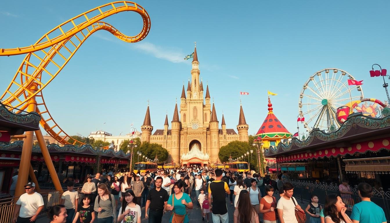 A vibrant, immersive scene of Lotte World, South Korea's iconic theme park. In the foreground, a towering roller coaster snakes through the air, its loops and turns etched against a clear blue sky. Beneath it, people of all ages stream through the bustling pathways, their laughter and excitement palpable. In the middle ground, a grand castle-like structure stands, its ornate architecture and intricate details a testament to the park's attention to detail. Surrounding it, a sea of colorful rides and attractions beckons, from swirling teacups to soaring ferris wheels. The scene is bathed in warm, golden lighting, creating a sense of wonder and enchantment. The overall atmosphere is one of pure, unadulterated joy and adventure, perfectly capturing the essence of Lotte World's must-visit attractions.