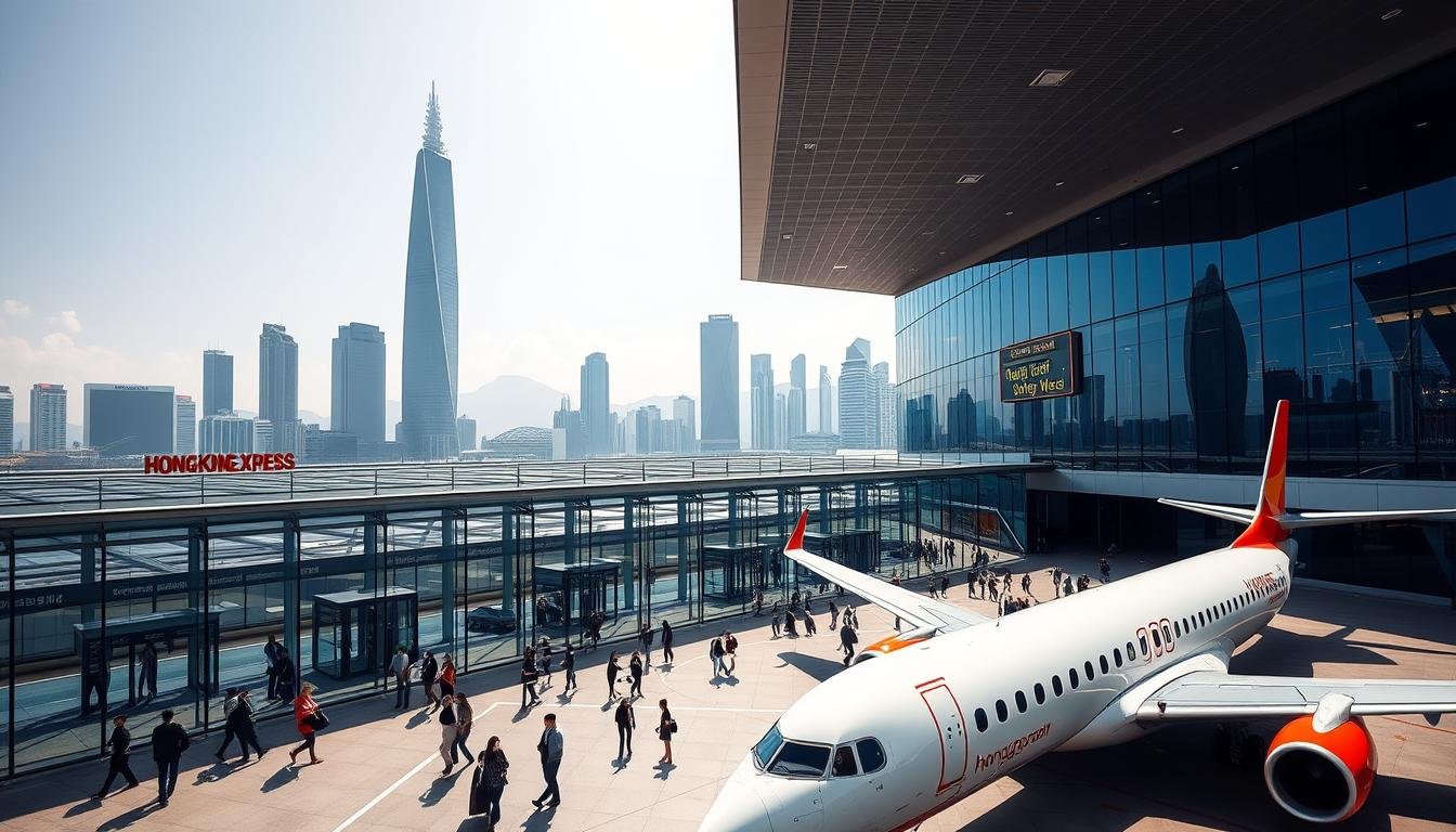 A vibrant, modern cityscape of Hong Kong's bustling airport, showcasing the key features of low-cost carrier Hong Kong Express. In the foreground, a sleek, streamlined airplane takes center stage, its bold colors and minimalist design reflecting the airline's no-frills approach. The middle ground captures the airport terminal, with passengers hurrying through the modern glass-and-steel structure. In the background, the iconic skyscrapers of Hong Kong's skyline loom, casting long shadows across the scene. The lighting is bright and airy, conveying a sense of efficiency and affordability. The overall composition emphasizes the airline's focus on providing accessible, budget-friendly travel options to and from this dynamic, international hub. A vibrant, modern cityscape of Hong Kong's bustling airport, showcasing the key features of low-cost carrier Hong Kong Express. In the foreground, a sleek, streamlined airplane takes center stage, its bold colors and minimalist design reflecting the airline's no-frills approach. The middle ground captures the airport terminal, with passengers hurrying through the modern glass-and-steel structure. In the background, the iconic skyscrapers of Hong Kong's skyline loom, casting long shadows across the scene. The lighting is bright and airy, conveying a sense of efficiency and affordability. The overall composition emphasizes the airline's focus on providing accessible, budget-friendly travel options to and from this dynamic, international hub.