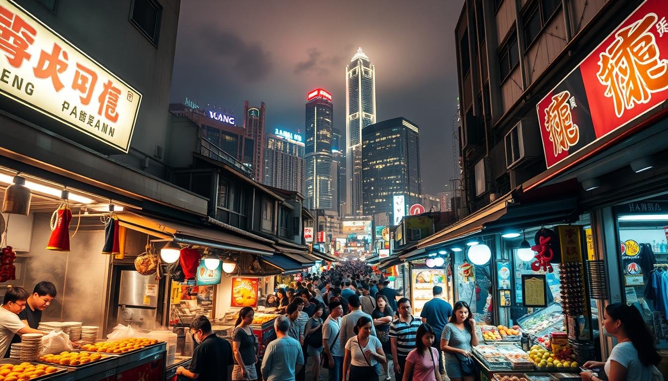 A vibrant night market in Hong Kong, bustling with an array of delectable street food stalls. In the foreground, vendors serve up steaming dim sum, fragrant stir-fries, and iconic dishes like egg tarts and fish balls, their aromas wafting through the air. The middle ground is alive with crowds of locals and tourists, weaving through the narrow alleyways and browsing an eclectic selection of handicrafts, fresh produce, and trinkets. In the background, the iconic skyline of Hong Kong's towering skyscrapers glimmers under the warm glow of neon lights, creating a captivating contrast between the modern metropolis and the traditional night market experience. Capture the essence of Hong Kong's vibrant street food culture and the bustling energy of a lively night market through a wide-angle, cinematic composition with a soft, atmospheric lighting. A vibrant night market in Hong Kong, bustling with an array of delectable street food stalls. In the foreground, vendors serve up steaming dim sum, fragrant stir-fries, and iconic dishes like egg tarts and fish balls, their aromas wafting through the air. The middle ground is alive with crowds of locals and tourists, weaving through the narrow alleyways and browsing an eclectic selection of handicrafts, fresh produce, and trinkets. In the background, the iconic skyline of Hong Kong's towering skyscrapers glimmers under the warm glow of neon lights, creating a captivating contrast between the modern metropolis and the traditional night market experience. Capture the essence of Hong Kong's vibrant street food culture and the bustling energy of a lively night market through a wide-angle, cinematic composition with a soft, atmospheric lighting.