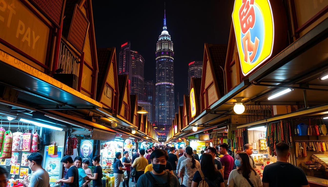A vibrant night market in the heart of Bangkok's Chatuchak district, Indy Night Market Chatuchak offers a captivating sensory experience. The bustling alleyways are lined with colorful stalls, each showcasing an eclectic array of local street food, handicrafts, and unique trinkets. Warm, golden lighting casts a cozy glow, illuminating the lively energy of the crowd as they browse and sample the diverse culinary delights. In the background, the towering skyscrapers of the city skyline serve as a striking contrast, creating a harmonious blend of urban and traditional elements. The scene is a feast for the senses, inviting visitors to immerse themselves in the vibrant atmosphere and discover the charm of this soon-to-be-closed nighttime destination.