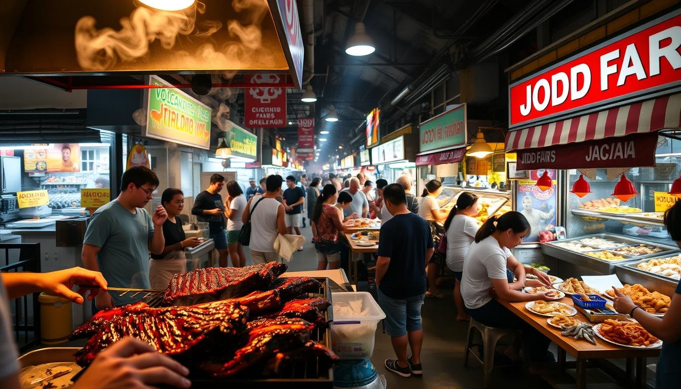 A vibrant night market scene at JODD FAIRS, a bustling Bangkok food court. In the foreground, a vendor grills mouthwatering volcano pork ribs, smoke curling up under warm lighting. In the middle ground, patrons gather around communal tables, sharing plates of fresh, locally-sourced seafood. The background is filled with colorful stalls, each offering an array of tantalizing Thai street food delicacies. The atmosphere is lively and inviting, with the aroma of spices and sizzling flavors wafting through the air. Capture the energy and authenticity of this beloved Bangkok food destination.