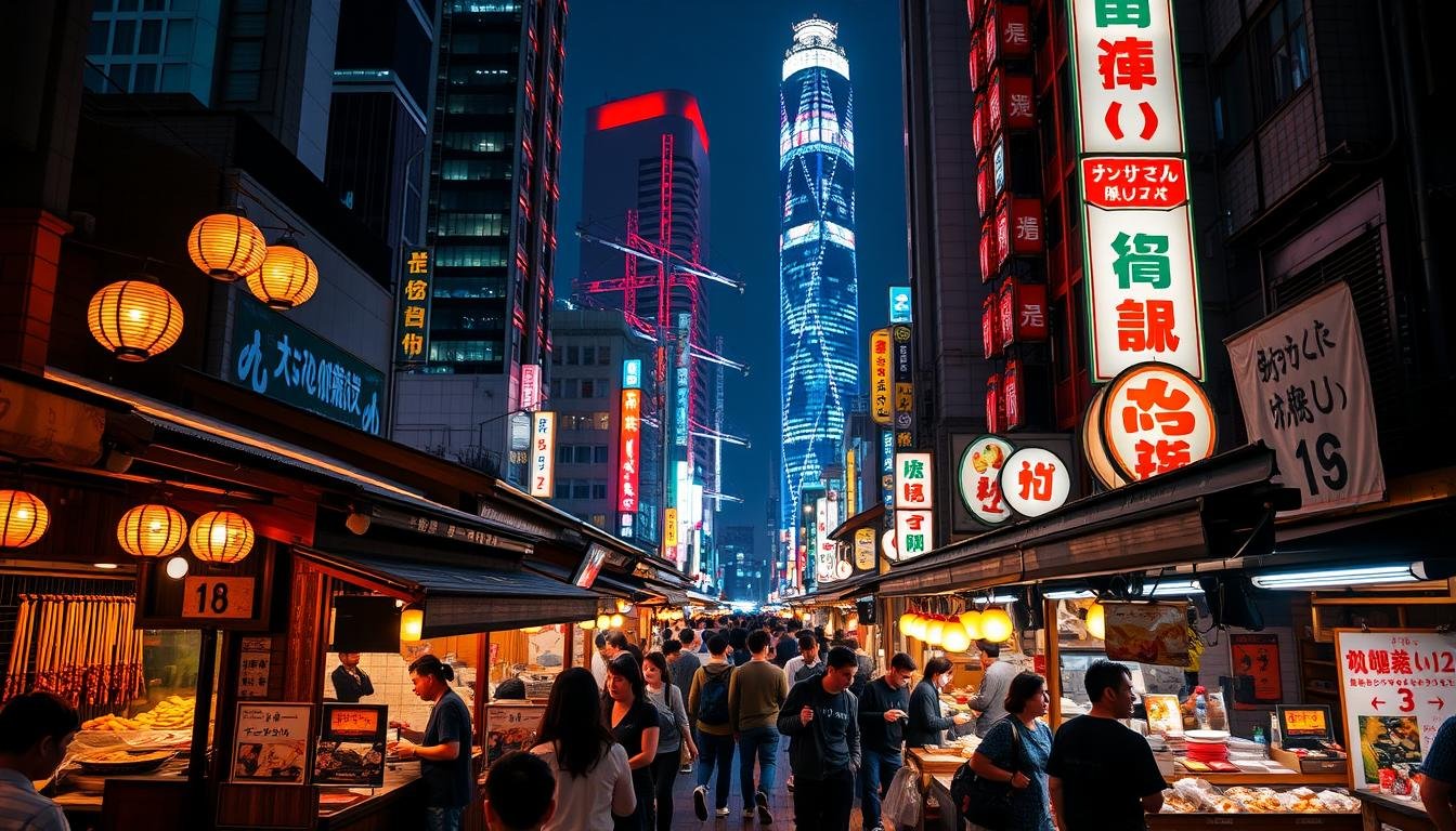 A vibrant nighttime cityscape of Tokyo's bustling food markets, bathed in warm, neon-tinged illumination. In the foreground, an enticing array of traditional Japanese street food stalls, their sizzling aromas wafting through the air. Wooden stalls adorned with hanging lanterns and colorful banners offer an array of tempting delicacies - skewered yakitori, steaming ramen, fluffy takoyaki, and decadent okonomiyaki. In the middle ground, a throng of locals and visitors navigate the lively atmosphere, their faces aglow with the promise of culinary adventure. The background is dominated by the iconic silhouettes of Tokyo's towering skyscrapers, their neon-trimmed facades reflecting in the glistening pavement below. An atmosphere of vibrant energy, cultural heritage, and mouthwatering delights pervades the scene, inviting the viewer to immerse themselves in the unique flavors of nocturnal Tokyo. A vibrant nighttime cityscape of Tokyo's bustling food markets, bathed in warm, neon-tinged illumination. In the foreground, an enticing array of traditional Japanese street food stalls, their sizzling aromas wafting through the air. Wooden stalls adorned with hanging lanterns and colorful banners offer an array of tempting delicacies - skewered yakitori, steaming ramen, fluffy takoyaki, and decadent okonomiyaki. In the middle ground, a throng of locals and visitors navigate the lively atmosphere, their faces aglow with the promise of culinary adventure. The background is dominated by the iconic silhouettes of Tokyo's towering skyscrapers, their neon-trimmed facades reflecting in the glistening pavement below. An atmosphere of vibrant energy, cultural heritage, and mouthwatering delights pervades the scene, inviting the viewer to immerse themselves in the unique flavors of nocturnal Tokyo.