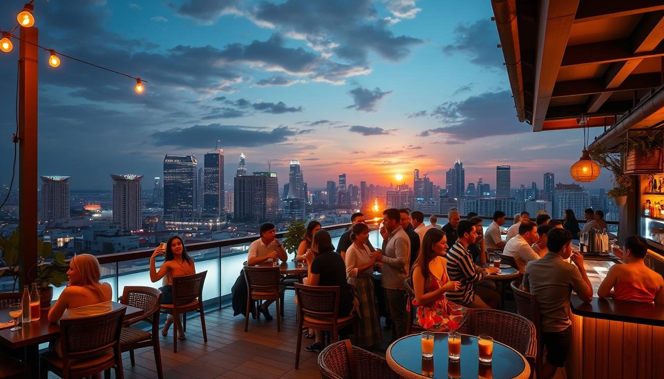 A vibrant nighttime scene of a bustling Bangkok bar, set against the backdrop of a stunning skyline. The foreground features a lively open-air rooftop lounge, with elegant wooden furniture, string lights, and a fully stocked bar. Patrons sip on exotic cocktails and chat animatedly, creating a convivial atmosphere. The middle ground showcases the twinkling skyscrapers of Silom, while the distant horizon is illuminated by the glow of the setting sun. The lighting is a warm, golden hue, casting a cozy glow over the entire scene. The camera angle is slightly elevated, capturing the energy and dynamism of this vibrant Bangkok nightlife experience. A vibrant nighttime scene of a bustling Bangkok bar, set against the backdrop of a stunning skyline. The foreground features a lively open-air rooftop lounge, with elegant wooden furniture, string lights, and a fully stocked bar. Patrons sip on exotic cocktails and chat animatedly, creating a convivial atmosphere. The middle ground showcases the twinkling skyscrapers of Silom, while the distant horizon is illuminated by the glow of the setting sun. The lighting is a warm, golden hue, casting a cozy glow over the entire scene. The camera angle is slightly elevated, capturing the energy and dynamism of this vibrant Bangkok nightlife experience.