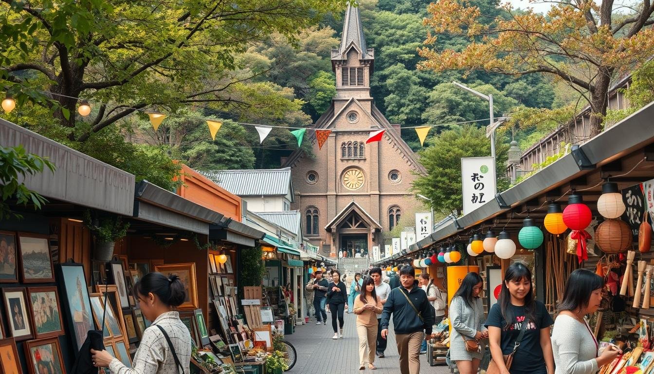 A vibrant open-air market in the Zoshigaya district of Tokyo, showcasing a seasonal theme with a variety of handcrafted goods. Rows of artisanal stalls display an array of unique artworks, vintage collectibles, and locally-sourced crafts under the warm glow of string lights. In the foreground, a group of shoppers browse the eclectic offerings, their faces filled with wonder and delight. The middle ground features quaint wooden structures and colorful banners fluttering in the gentle breeze, creating a charming atmosphere. In the background, the historic Zoshigaya Church and lush greenery provide a picturesque backdrop, evoking a sense of traditional Japanese culture blended with contemporary creativity.