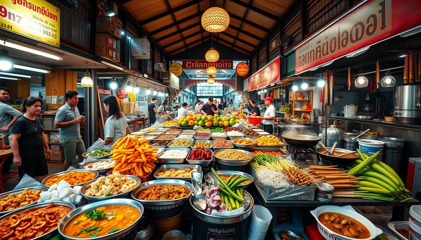 A vibrant outdoor food market in Bangkok, Thailand, bustling with an array of traditional Thai street food delicacies. In the foreground, a variety of colorful dishes are displayed - from spicy curries and fragrant noodles to freshly grilled satay skewers and exotic tropical fruits. The middle ground features stalls selling an assortment of steaming hot snacks, sizzling woks, and vendors expertly preparing local specialties. In the background, a lively atmosphere with a blend of modern and heritage architecture sets the scene, evoking the energetic and flavorful essence of Thai cuisine. The lighting is warm and natural, casting a vibrant glow over the bustling market. Captured with a wide-angle lens to showcase the full scope of this authentic Thai food experience.