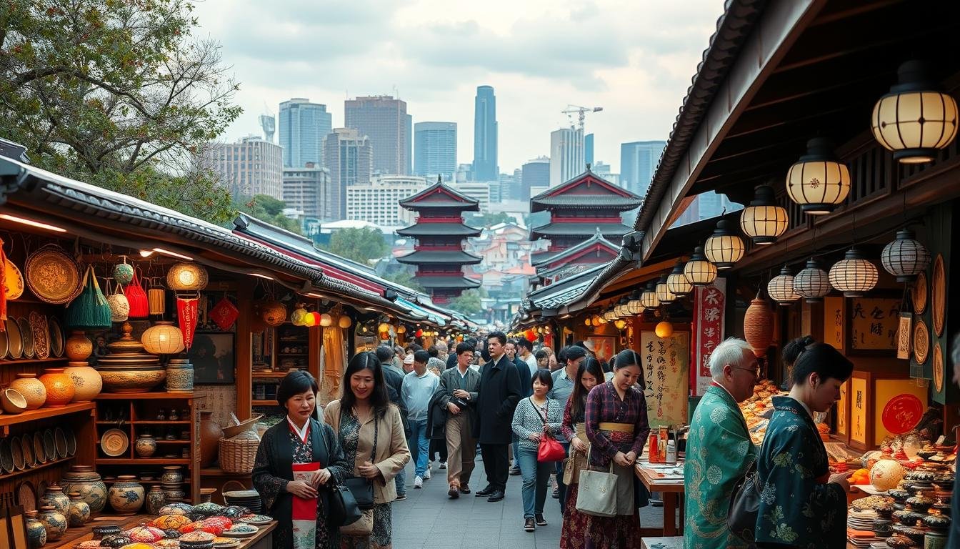 A vibrant outdoor market filled with handcrafted Japanese wares. In the foreground, rows of artisanal stalls selling intricate lacquerware, ceramics, textiles, and folk art. Vendors in traditional dress greet visitors, their faces alight with pride. The middle ground features a mix of shoppers browsing the stalls, absorbed in conversation. In the background, a scenic cityscape of modern Tokyo skyline blends with historic architecture, creating a harmonious fusion of old and new. Soft, diffused lighting casts a warm, inviting glow over the entire scene, capturing the festive atmosphere of this celebration of Japanese craftsmanship. A vibrant outdoor market filled with handcrafted Japanese wares. In the foreground, rows of artisanal stalls selling intricate lacquerware, ceramics, textiles, and folk art. Vendors in traditional dress greet visitors, their faces alight with pride. The middle ground features a mix of shoppers browsing the stalls, absorbed in conversation. In the background, a scenic cityscape of modern Tokyo skyline blends with historic architecture, creating a harmonious fusion of old and new. Soft, diffused lighting casts a warm, inviting glow over the entire scene, capturing the festive atmosphere of this celebration of Japanese craftsmanship.