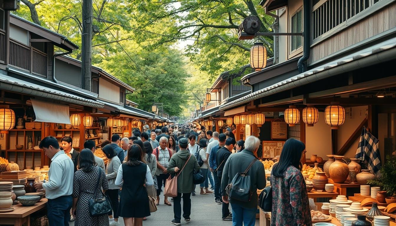 A vibrant outdoor market set in a traditional Japanese neighborhood, with rows of stalls offering handcrafted goods, artisanal foods, and local artisan demonstrations. Wooden structures and lanterns create a warm, inviting atmosphere, complemented by the soft natural lighting filtering through the trees. Crowds of people browse the wares, examining intricate ceramics, textiles, and woodwork with a keen eye for quality and craftsmanship. The scene evokes a sense of cultural heritage, innovation, and community, showcasing the best of Japan's thriving handmade artisan scene.