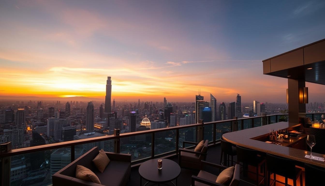 A vibrant rooftop bar in the heart of Bangkok, offering a breathtaking panoramic view of the city skyline. In the foreground, a chic, modern interior with plush seating and ambient lighting, creating a sophisticated yet laidback atmosphere. The middle ground showcases the bustling urban landscape, with skyscrapers and high-rise buildings illuminated by the warm glow of the evening lights. In the background, a stunning sunset casts a warm, golden hue over the scene, complementing the urban silhouette. The image evokes a sense of elegant urban sophistication, inviting the viewer to experience the vibrant nightlife and modern culture of Thailand's vibrant capital city.