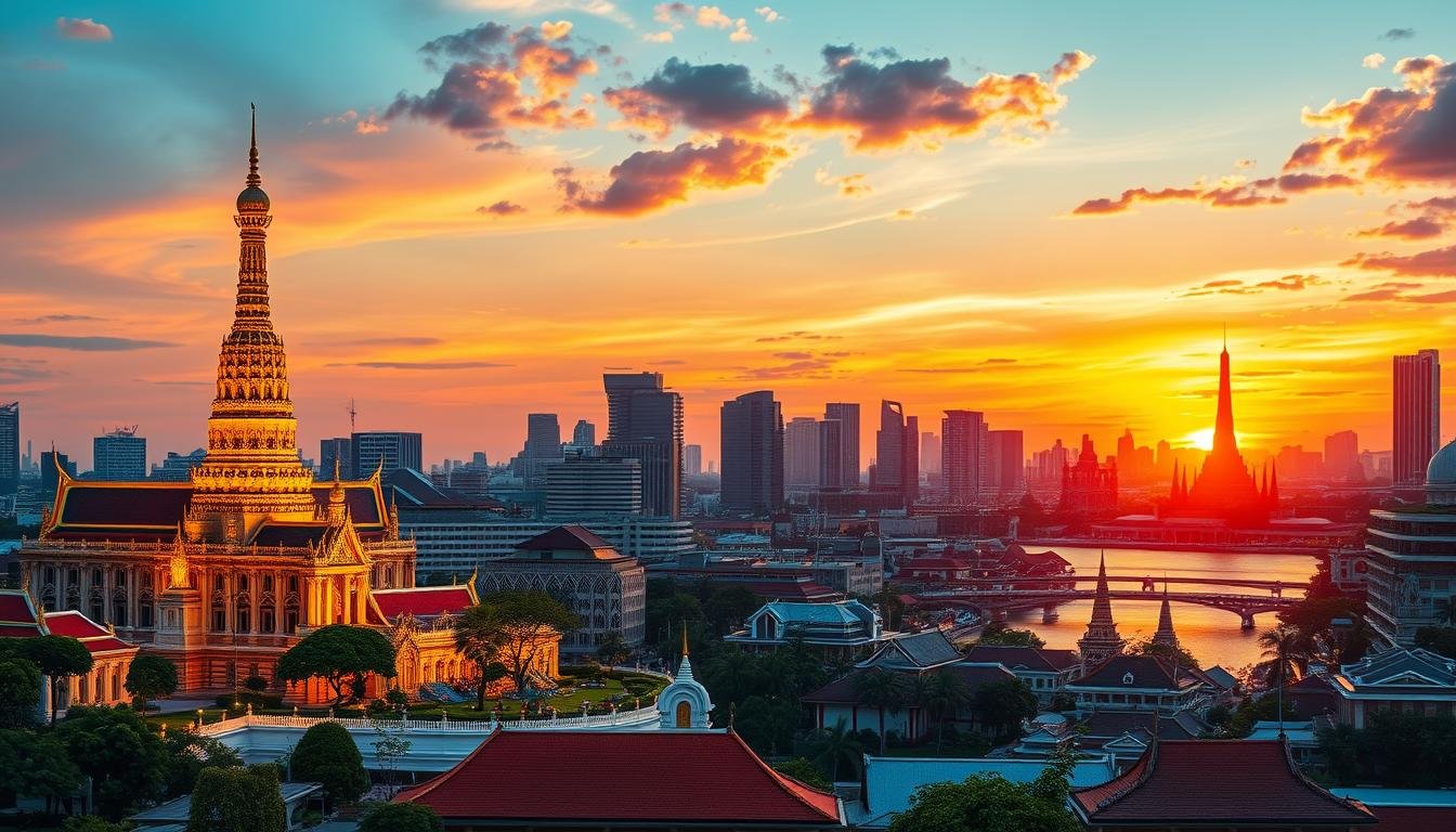 A vibrant scene of Bangkok's iconic landmarks at dusk. In the foreground, the majestic Grand Palace stands proud, its ornate architecture bathed in warm golden light. Nearby, the serene Wat Pho temple with its towering Buddha statue casts an air of tranquility. In the middle ground, the graceful Chao Phraya River winds its way through the cityscape, its waters reflecting the vibrant hues of the sky. Along the riverbanks, the Wat Arun temple rises, its distinctive pagoda silhouetted against the setting sun. The background is filled with a tapestry of skyscrapers and traditional Thai rooftops, creating a harmonious blend of old and new. The entire scene is imbued with a sense of wonder and adventure, perfectly capturing the essence of Bangkok's captivating beauty.