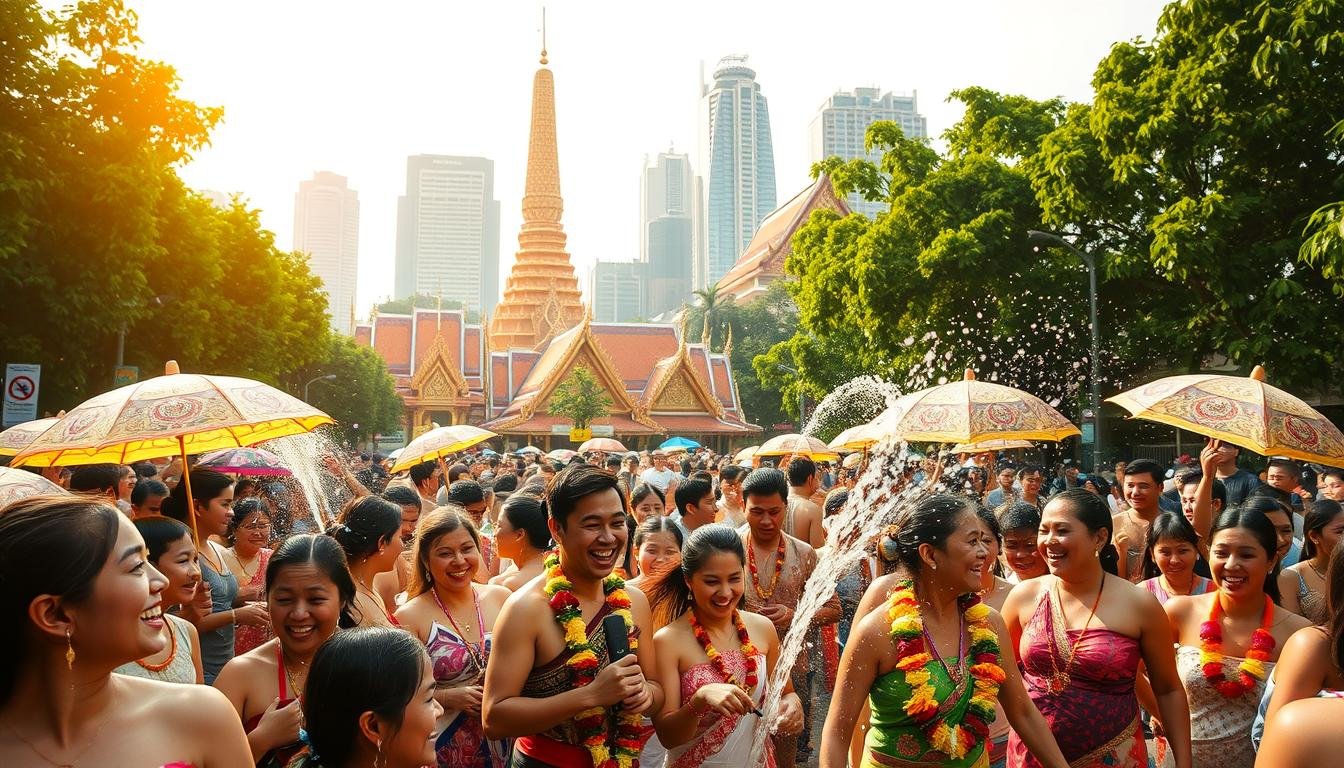 A vibrant scene of the Songkran festival in Bangkok, Thailand. In the foreground, joyous revelers douse each other with water, laughter and playfulness filling the air. Colorful traditional Thai attire, intricate umbrellas, and floral garlands create a visually captivating tableau. In the middle ground, ornate Buddhist temples and shrines stand as a testament to the cultural significance of the festivities. The background is a lush, verdant cityscape, with towering skyscrapers and verdant foliage framing the lively celebrations. Warm, golden afternoon light casts a gentle glow, infusing the scene with a sense of warmth and vibrance. The overall mood is one of celebratory exuberance, harmoniously blending the ancient traditions and modern dynamism of Thai culture.