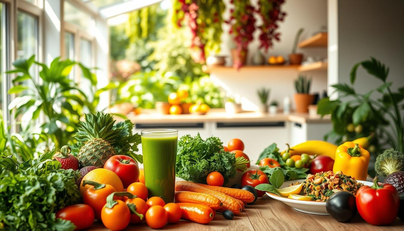 A vibrant, serene scene of a healthy lifestyle centered around organic dining. In the foreground, a bountiful table showcases an array of fresh, colorful fruits and vegetables, alongside a glass of lush green smoothie and a plate of wholesome, plant-based dishes. The middle ground features a bright, airy kitchen with natural light streaming in, highlighting the preparation of nutritious meals. In the background, a lush, verdant garden with thriving plants and trees, representing the connection between the earth and the organic produce. The overall atmosphere conveys a sense of balance, wellness, and a deep appreciation for the synergy between healthy living and sustainable, plant-based nourishment. A vibrant, serene scene of a healthy lifestyle centered around organic dining. In the foreground, a bountiful table showcases an array of fresh, colorful fruits and vegetables, alongside a glass of lush green smoothie and a plate of wholesome, plant-based dishes. The middle ground features a bright, airy kitchen with natural light streaming in, highlighting the preparation of nutritious meals. In the background, a lush, verdant garden with thriving plants and trees, representing the connection between the earth and the organic produce. The overall atmosphere conveys a sense of balance, wellness, and a deep appreciation for the synergy between healthy living and sustainable, plant-based nourishment.