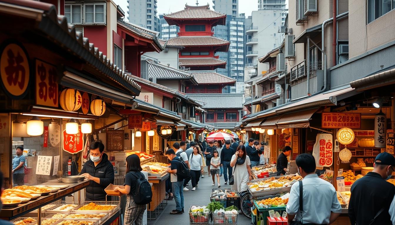 A vibrant street market in the heart of Tokyo, bustling with locals and tourists alike. In the foreground, an array of tantalizing street food stalls, their sizzling aromas wafting through the air. Delicate sushi, steaming ramen, and delectable yakisoba noodles beckon passersby. In the middle ground, vendors hawk fresh produce, colorful seafood, and artisanal crafts, creating a lively atmosphere. The background is a tapestry of traditional Japanese architecture, with intricate facades and tiled roofs. Warm, golden lighting casts a cozy glow, inviting visitors to explore the hidden culinary treasures of this iconic Tokyo marketplace. A vibrant street market in the heart of Tokyo, bustling with locals and tourists alike. In the foreground, an array of tantalizing street food stalls, their sizzling aromas wafting through the air. Delicate sushi, steaming ramen, and delectable yakisoba noodles beckon passersby. In the middle ground, vendors hawk fresh produce, colorful seafood, and artisanal crafts, creating a lively atmosphere. The background is a tapestry of traditional Japanese architecture, with intricate facades and tiled roofs. Warm, golden lighting casts a cozy glow, inviting visitors to explore the hidden culinary treasures of this iconic Tokyo marketplace.