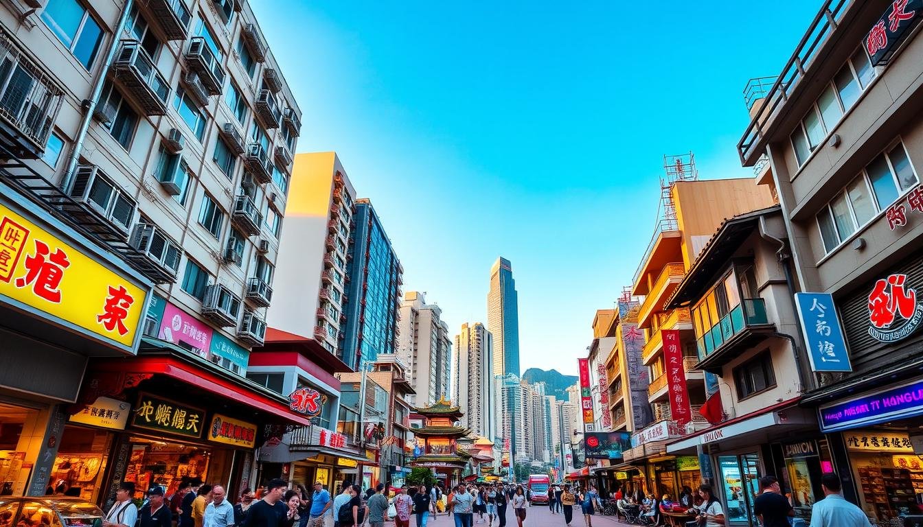A vibrant street scene in the heart of Hong Kong, showcasing the city's unique blend of modern and traditional elements. In the foreground, a bustling pedestrian walkway with locals and tourists exploring local shops and street food stalls. The middle ground features a mix of high-rise buildings, neon signs, and traditional Chinese architecture, bathed in a warm, golden glow from the setting sun. In the background, the iconic skyscrapers of the Hong Kong skyline rise majestically, creating a striking contrast against the deep blue sky. The image conveys a sense of energy, exploration, and the endless possibilities of discovering Hong Kong's captivating sights and experiences. A vibrant street scene in the heart of Hong Kong, showcasing the city's unique blend of modern and traditional elements. In the foreground, a bustling pedestrian walkway with locals and tourists exploring local shops and street food stalls. The middle ground features a mix of high-rise buildings, neon signs, and traditional Chinese architecture, bathed in a warm, golden glow from the setting sun. In the background, the iconic skyscrapers of the Hong Kong skyline rise majestically, creating a striking contrast against the deep blue sky. The image conveys a sense of energy, exploration, and the endless possibilities of discovering Hong Kong's captivating sights and experiences.